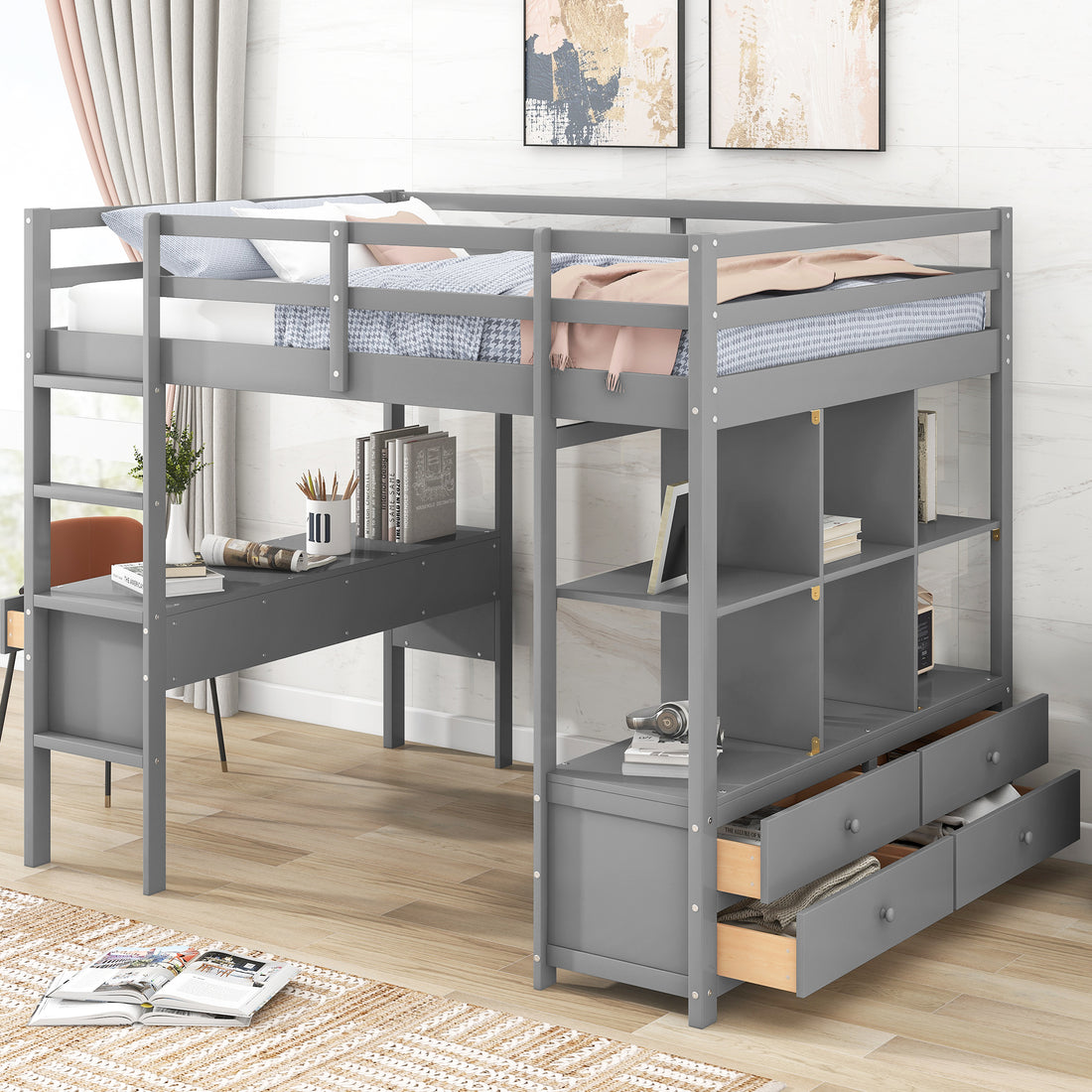 Full Size Loft Bed With Built In Desk With Two Drawers, And Storage Shelves And Drawers,Gray Old Sku: Gx000320Aae Box Spring Not Required Full Gray Wood Bedroom Pine