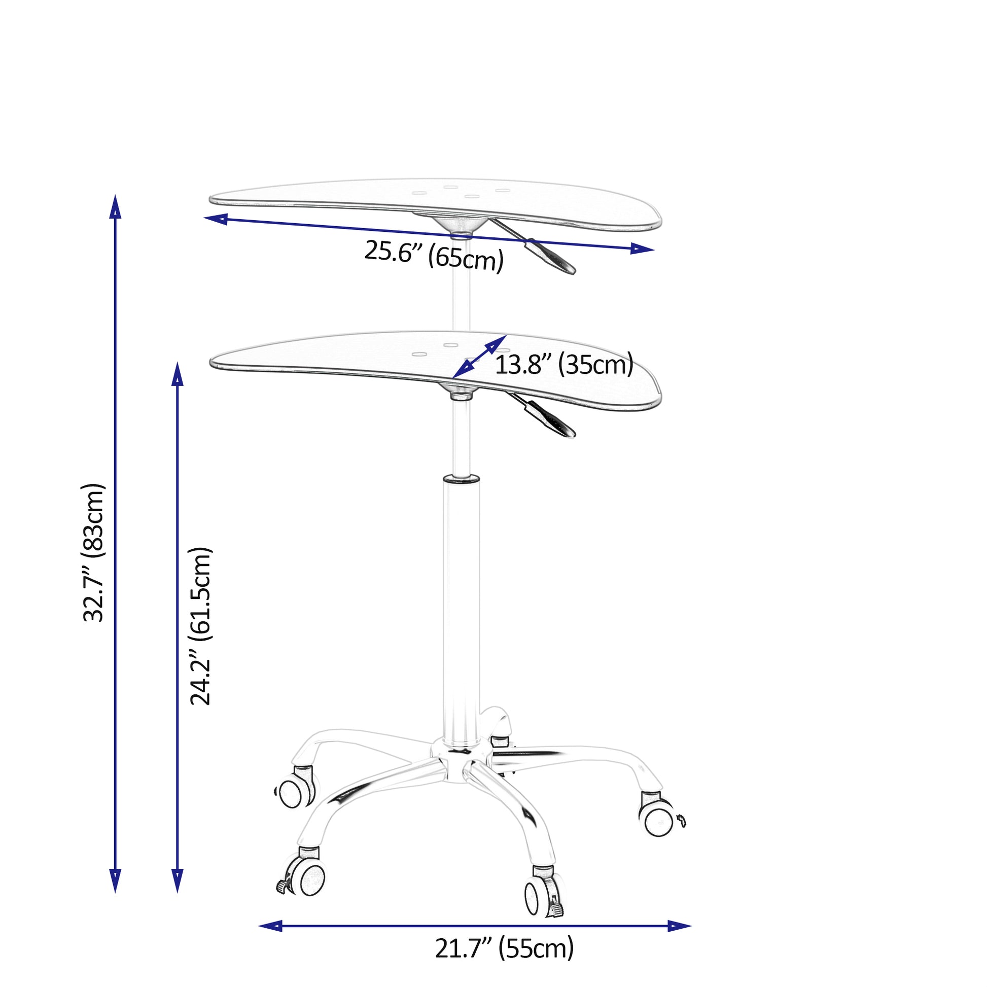 Adjustable Height Black Tempered Glass Table Desk Table With Lockable Wheels Adjustable Range 24.2 " 32.7 " Transparent Glass