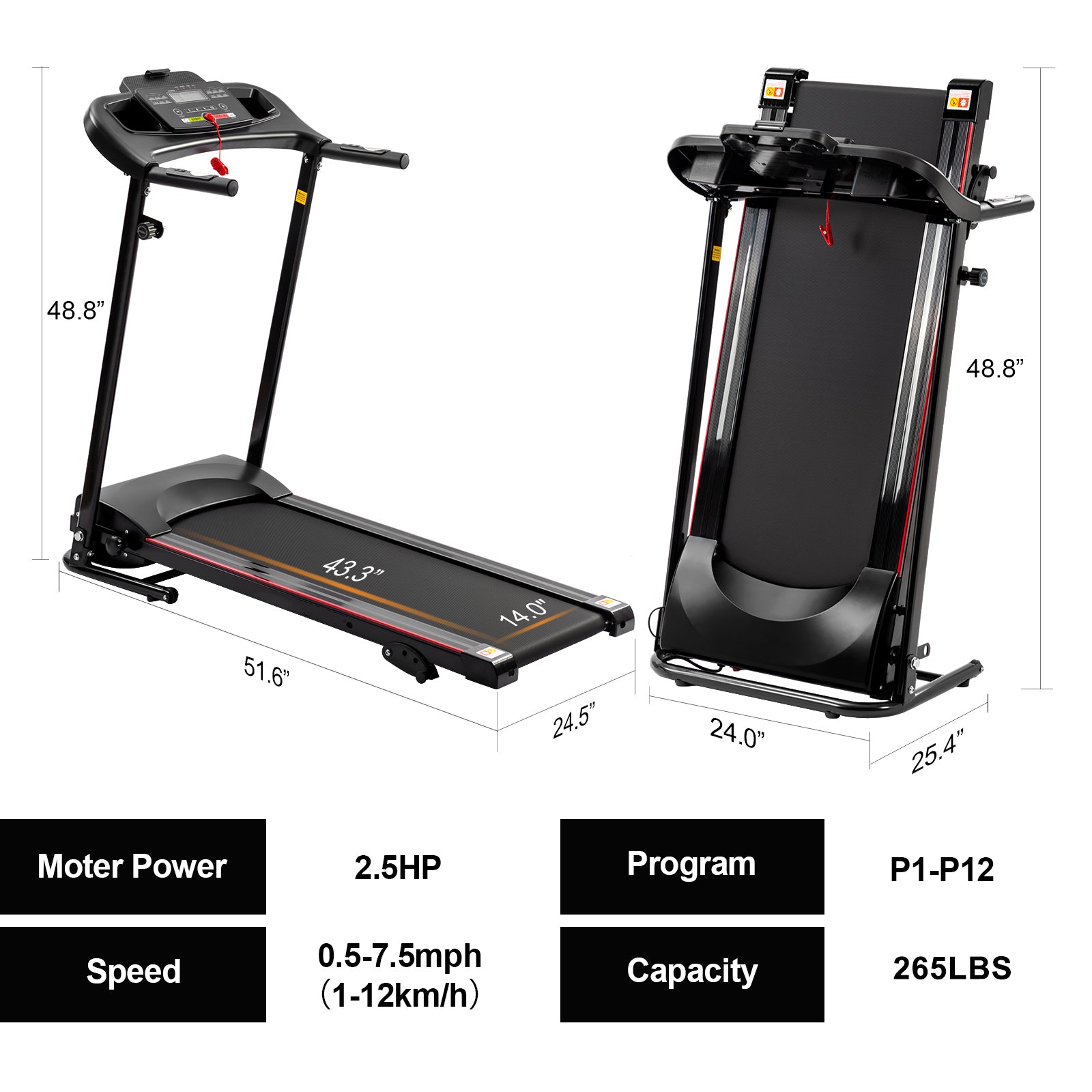 Folding Treadmill with Incline 2.5hp 12km H