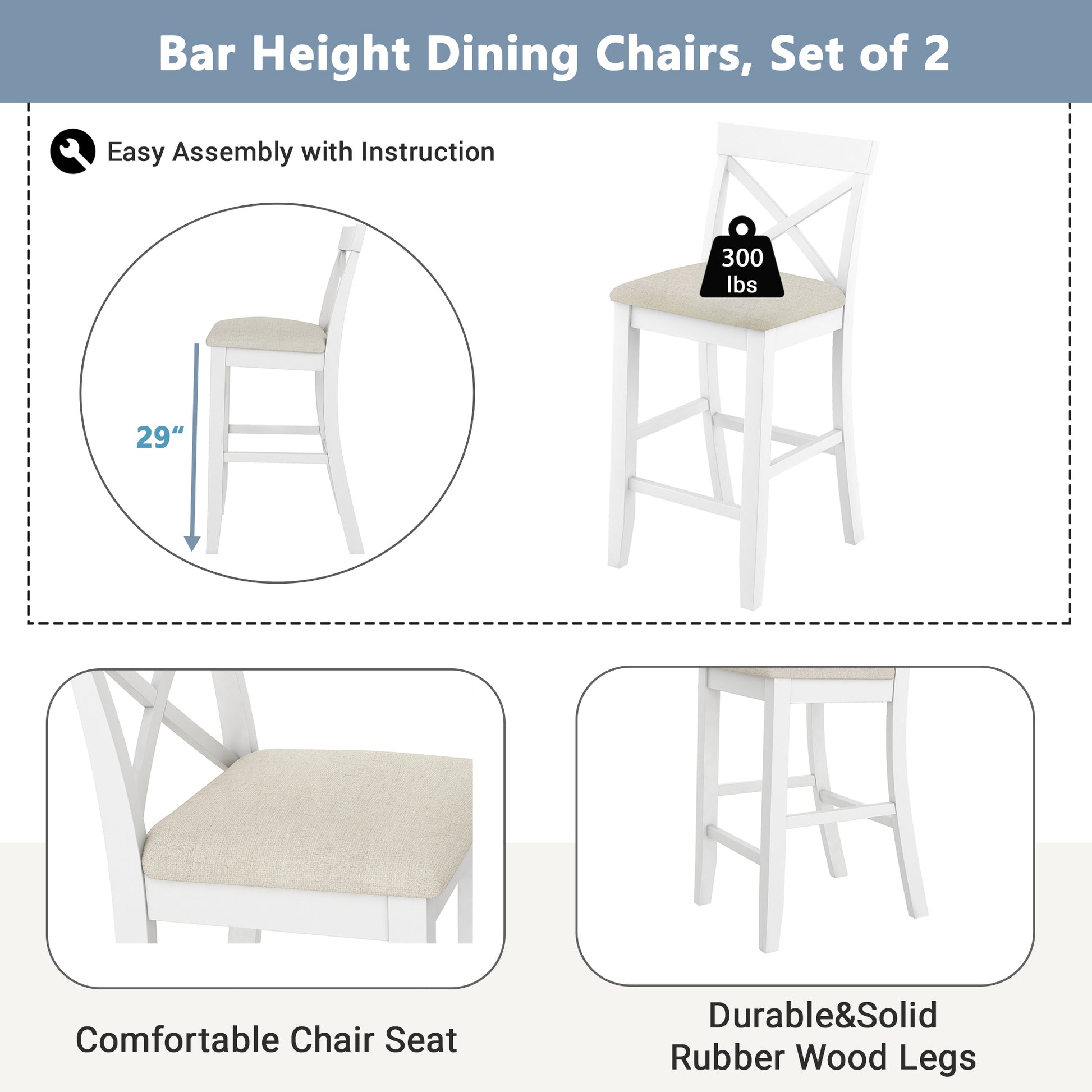 Farmhouse 48"Rectangular Wood Bar Height Dining Set Kitchen Breakfast Nook With 2 Chairs For Small Places,Cherry White White Wood Dining Room Solid Wood Acacia Rectangular Dining Table With Chair Upholstered Chair Wood Cherry Solid Back Seats 2 48 Inches