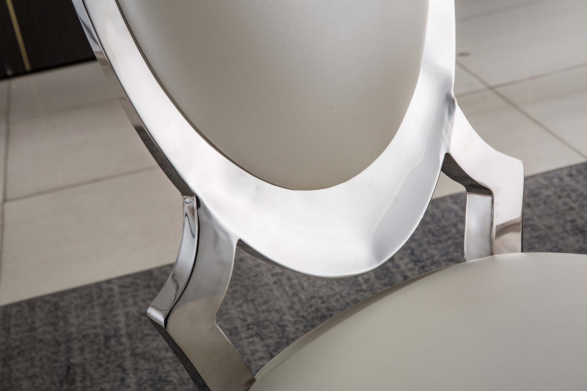 Dining Chair With Oval Backrest Set Of 2, Stainless Steel Legs White Pu Leather