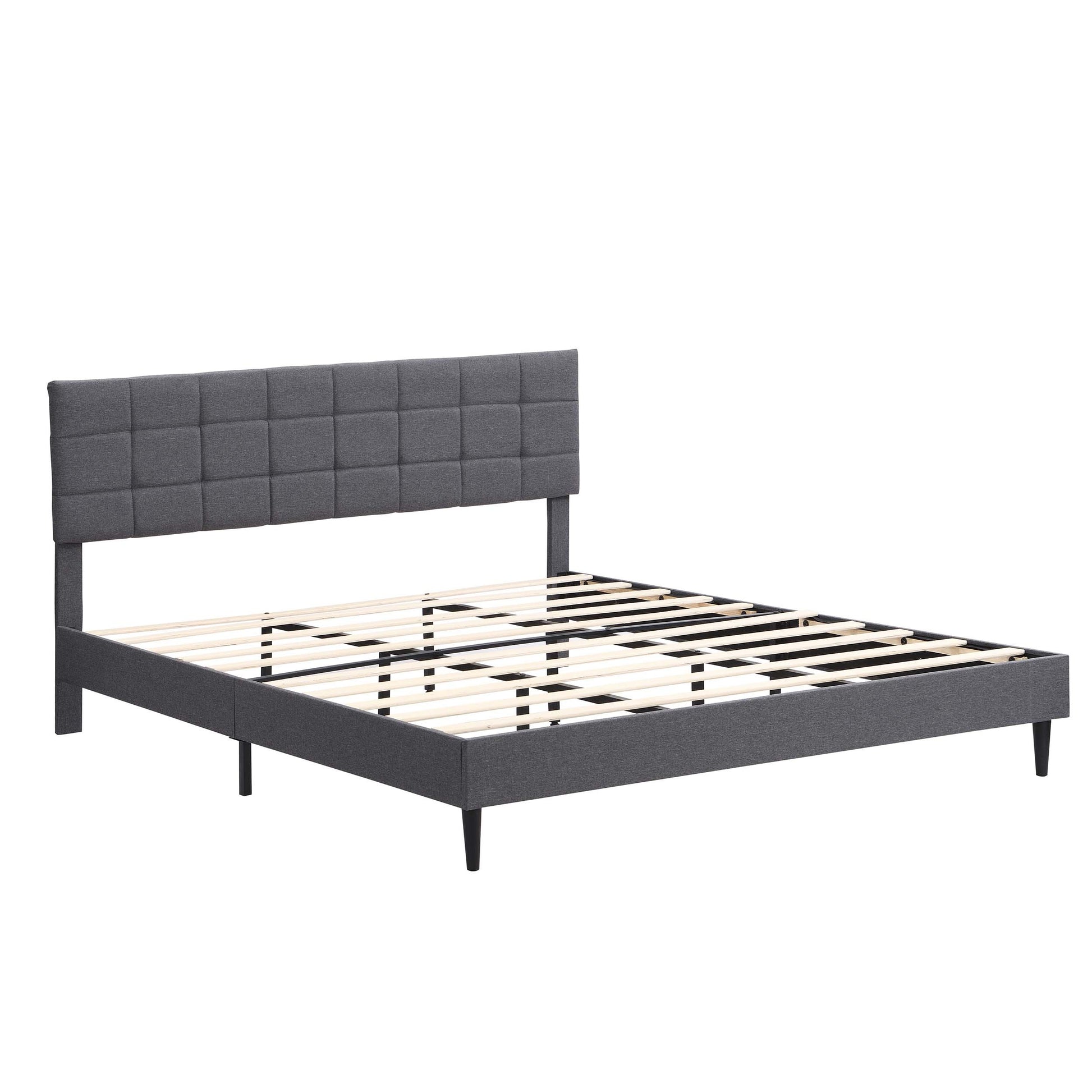 King Size Platform Bed Frame With Fabric Upholstered Headboard And Wooden Slats, No Box Spring Needed Easy Assembly, Dark Grey Grey Metal & Wood