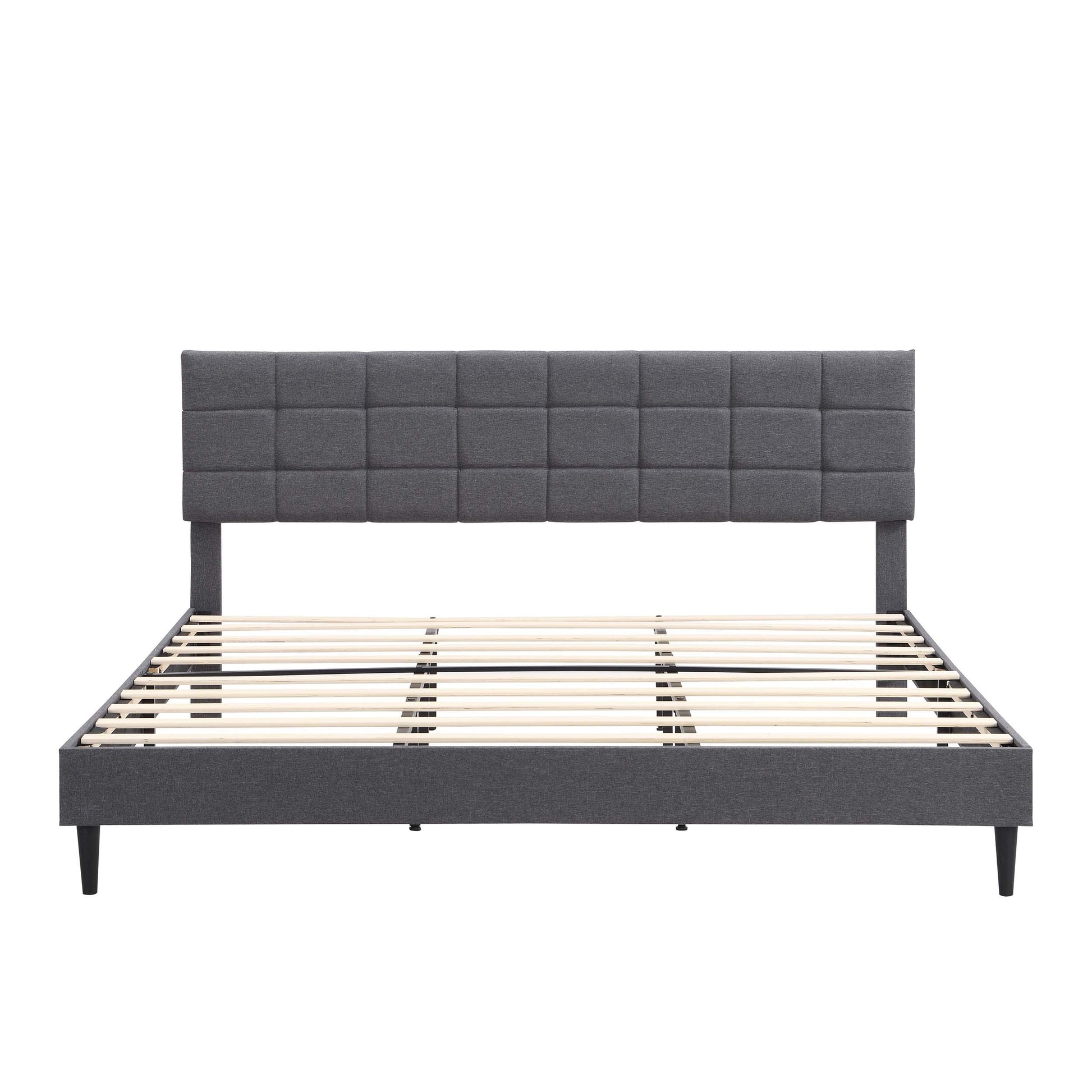 King Size Platform Bed Frame With Fabric Upholstered Headboard And Wooden Slats, No Box Spring Needed Easy Assembly, Dark Grey Grey Metal & Wood