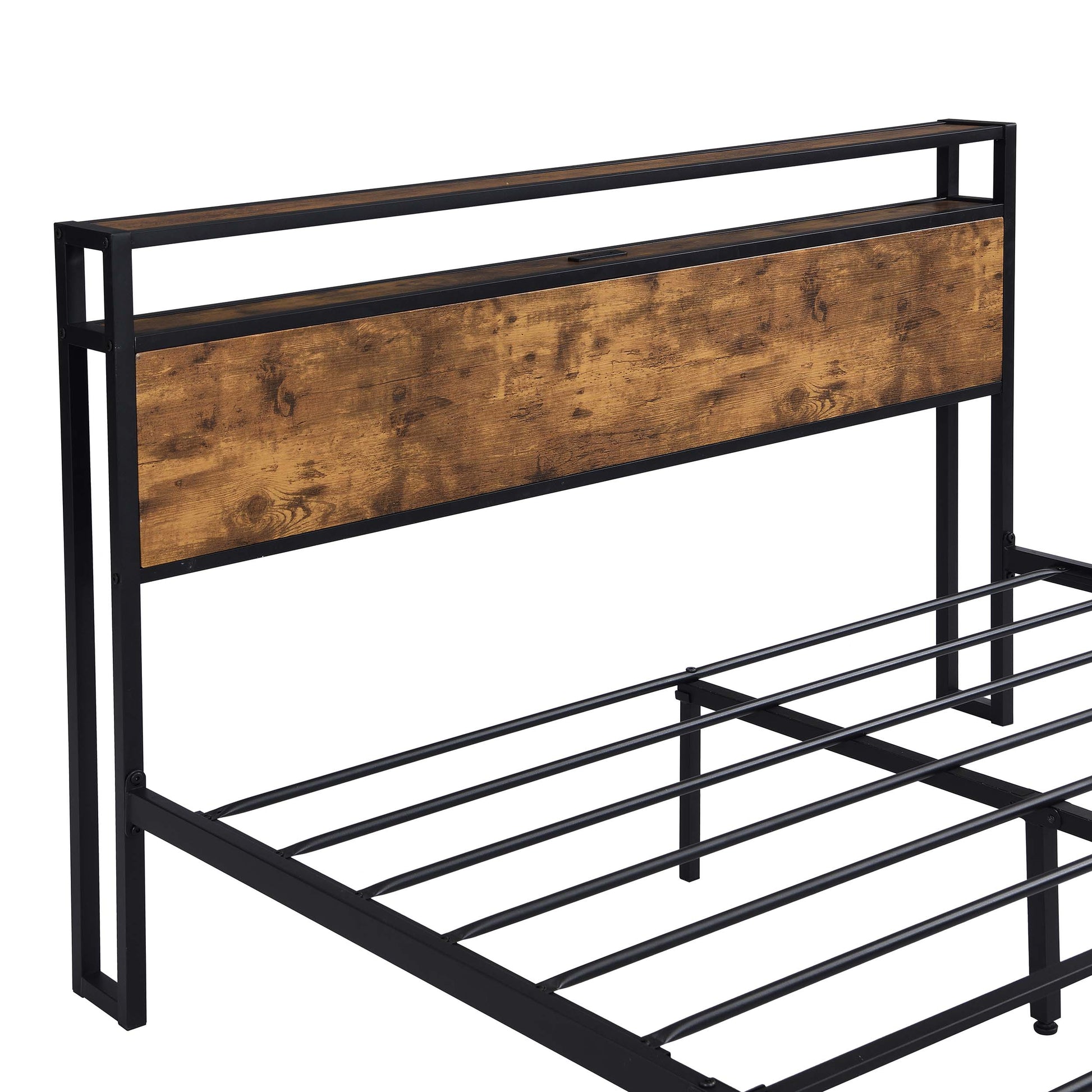 Industrial Queen Bed Frame With Led Lights And 2 Usb Ports, Bed Frame Queen Size With Storage, Noise Free, No Box Spring Needed, Rustic Brown Queen Antique Brown Metal & Wood