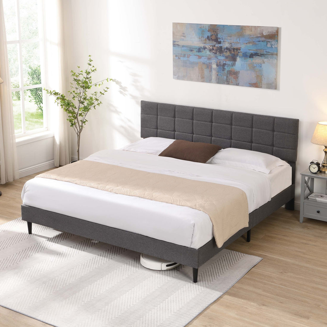 King Size Platform Bed Frame With Fabric Upholstered Headboard And Wooden Slats, No Box Spring Needed Easy Assembly, Dark Grey Grey Metal & Wood