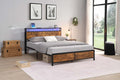 Industrial Queen Bed Frame With Led Lights And 2 Usb Ports, Bed Frame Queen Size With Storage, Noise Free, No Box Spring Needed, Rustic Brown Queen Antique Brown Metal & Wood