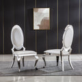 Dining Chair With Oval Backrest Set Of 2, Stainless Steel Legs White Pu Leather