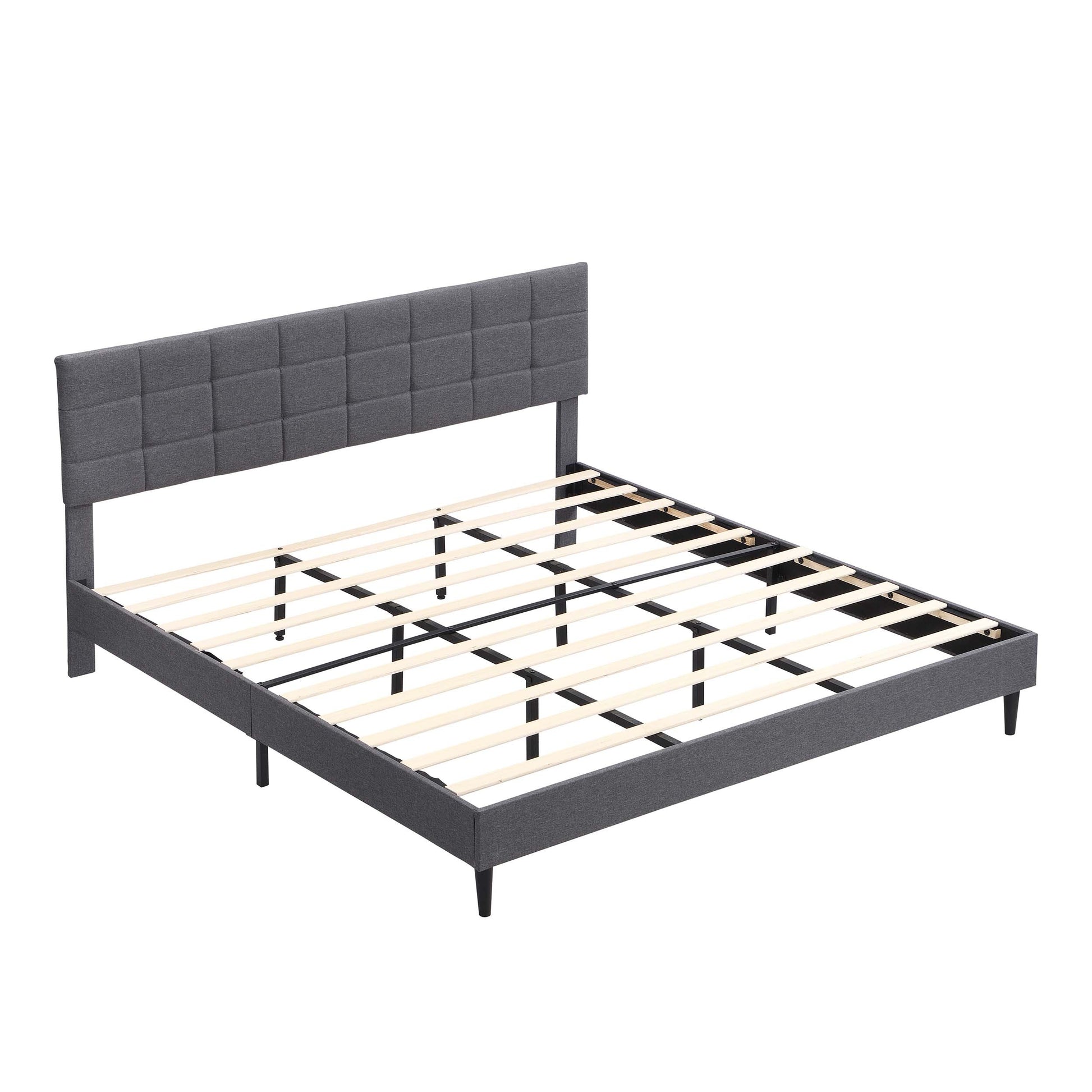 King Size Platform Bed Frame With Fabric Upholstered Headboard And Wooden Slats, No Box Spring Needed Easy Assembly, Dark Grey Grey Metal & Wood