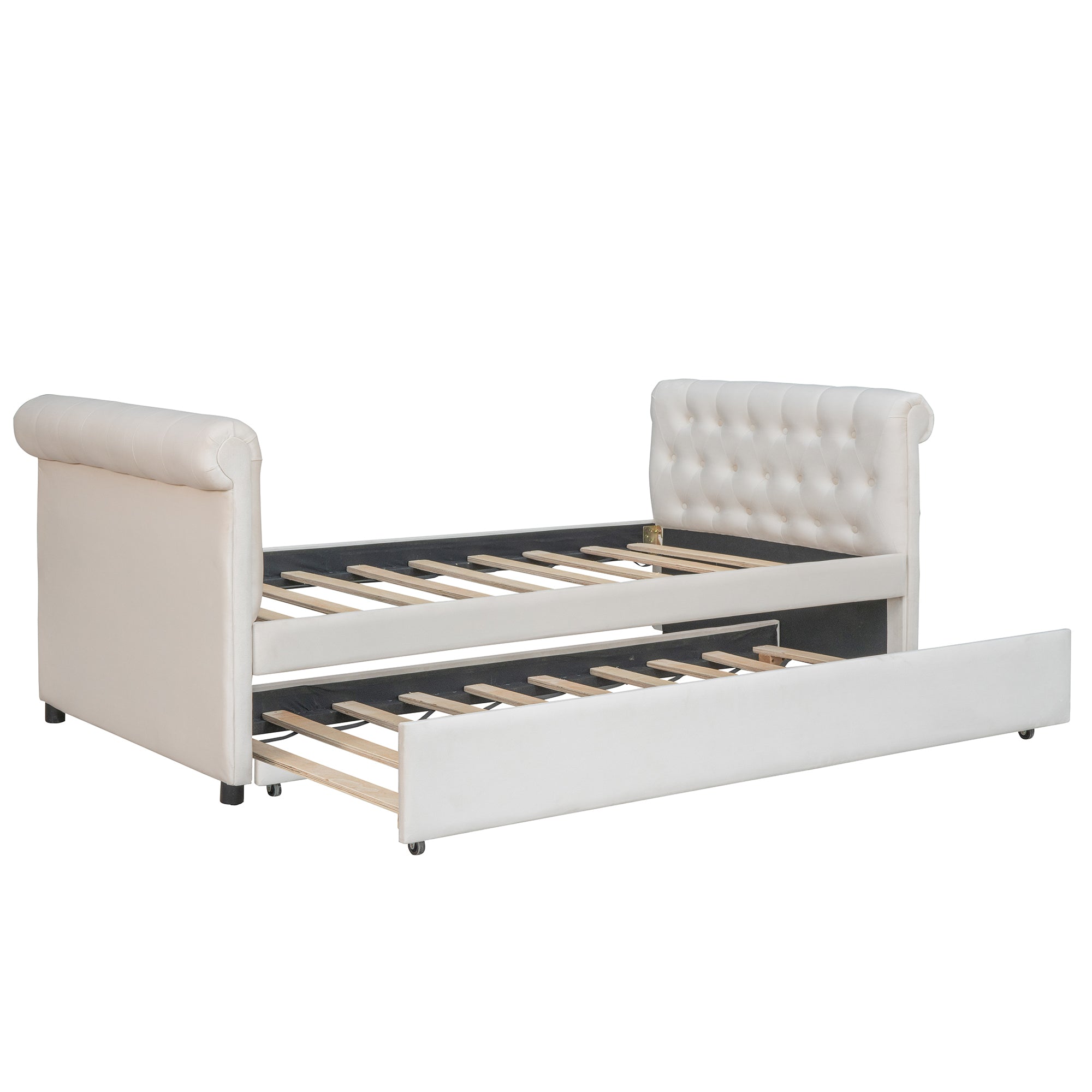 Twin Size Upholstered daybed with Trundle, Wood Slat beige-upholstered