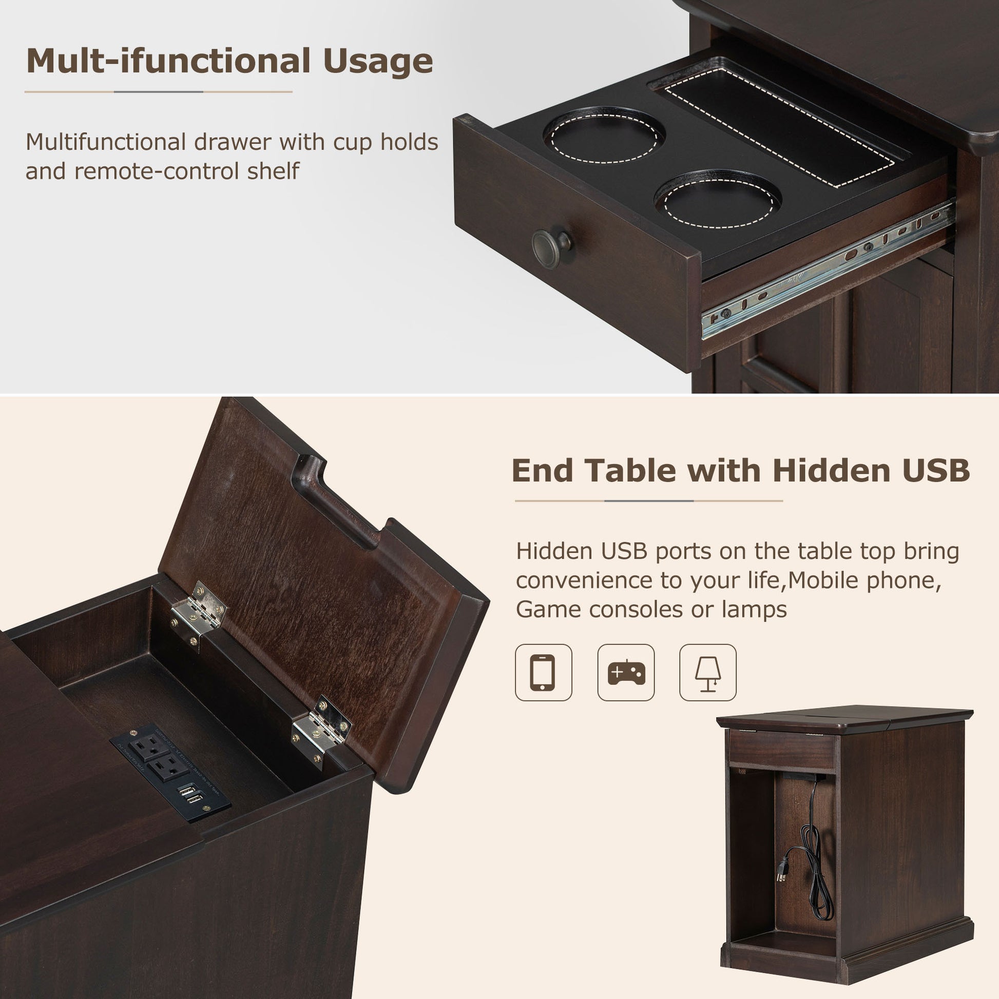 Classic Vintage Livingroom End Table Side Table With Usb Ports And One Multifunctional Drawer With Cup Holders, Antique Espresso Old Sku: Wf296294Aap Antique Espresso Solid Wood