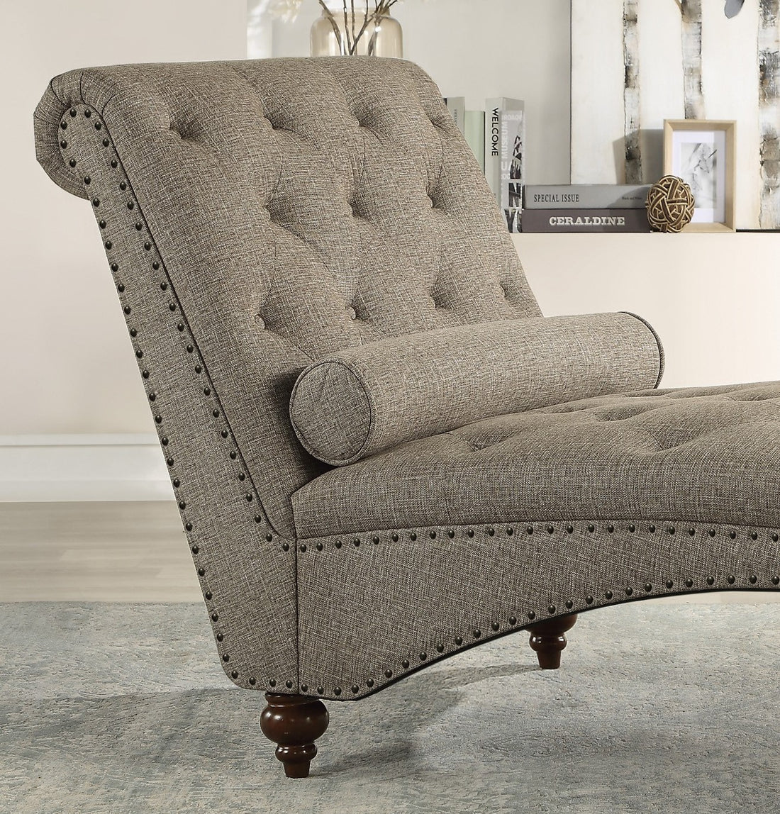 Modern Stylish Brown Color 1Pc Chaise Button Tufted Trim W Bolster Pillow Comfortable Living Room Furniture Solid Wood And Plywood Frame Brown Primary Living Space Modern,Traditional Solid Wood