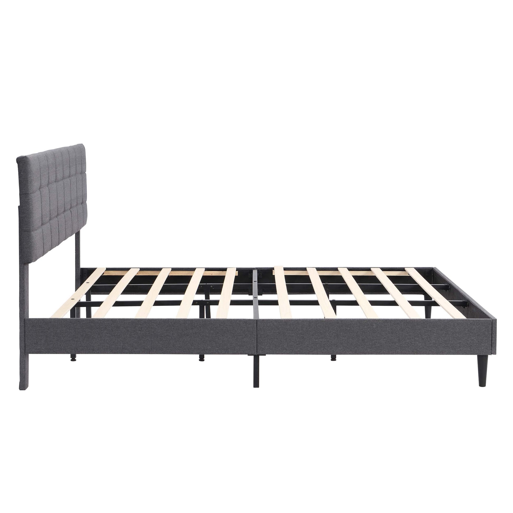 King Size Platform Bed Frame With Fabric Upholstered Headboard And Wooden Slats, No Box Spring Needed Easy Assembly, Dark Grey Grey Metal & Wood