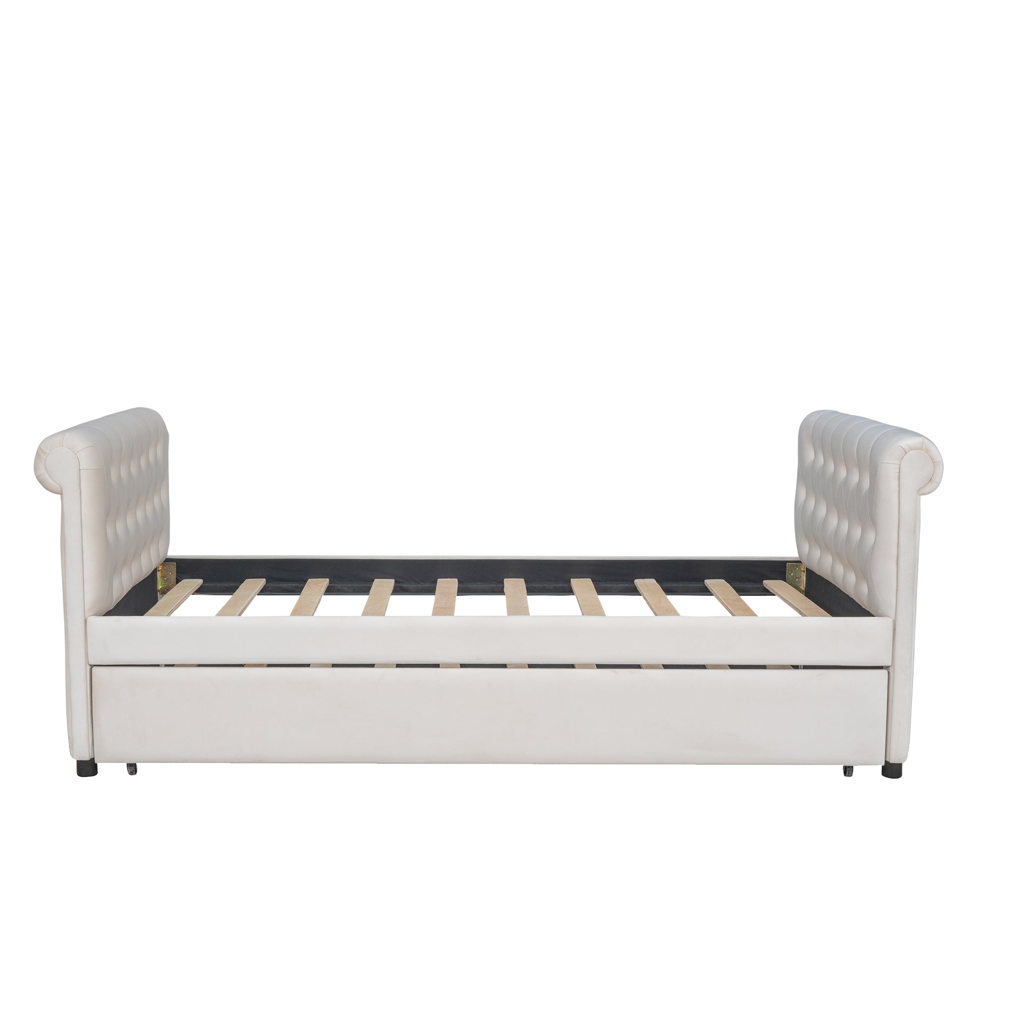 Twin Size Upholstered daybed with Trundle, Wood Slat beige-upholstered