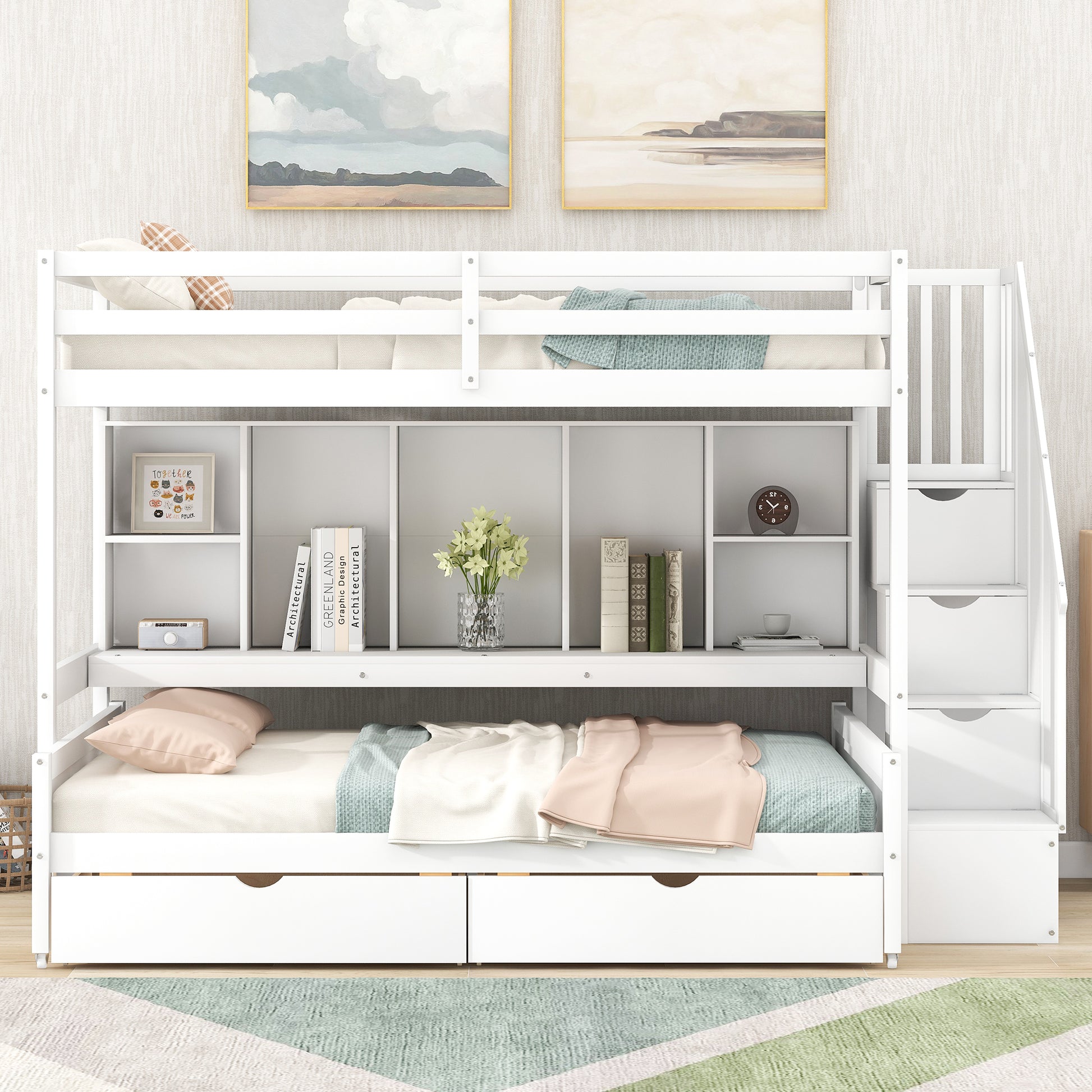 Twin Xl Over Full Bunk Bed With Built In Storage Shelves, Drawers And Staircase,White Twin Xl White Pine