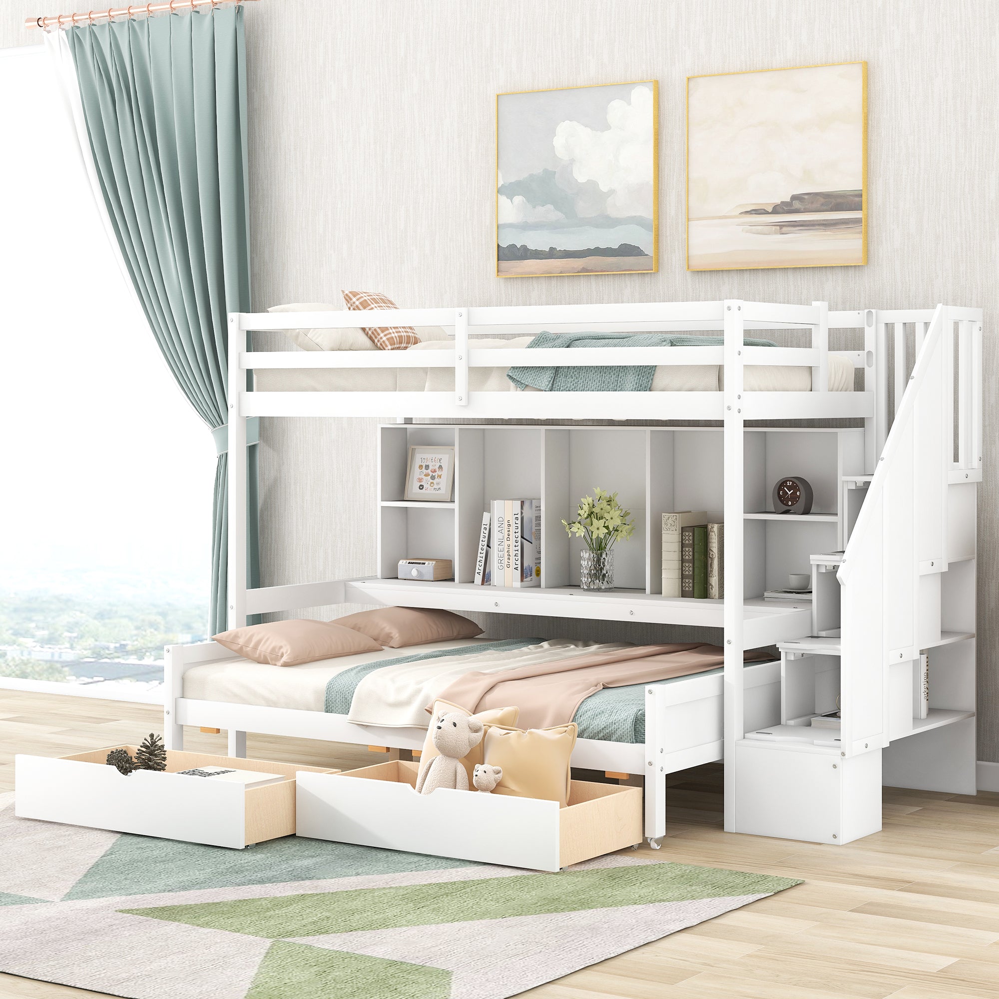 Twin Xl Over Full Bunk Bed With Built In Storage Shelves, Drawers And Staircase,White Twin Xl White Pine