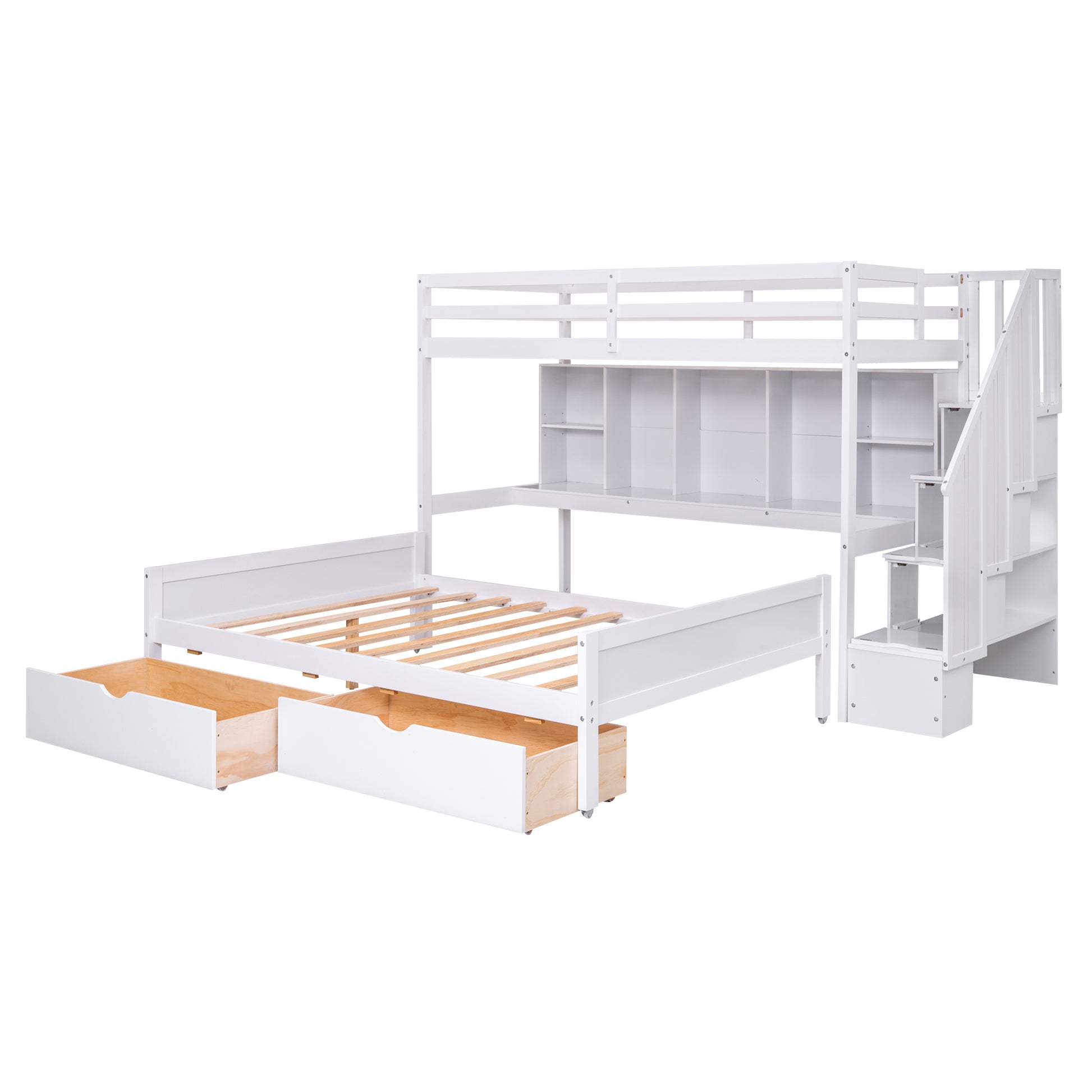 Twin Xl Over Full Bunk Bed With Built In Storage Shelves, Drawers And Staircase,White Twin Xl White Pine