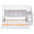 Twin Xl Over Full Bunk Bed With Built In Storage Shelves, Drawers And Staircase,White Twin Xl White Pine