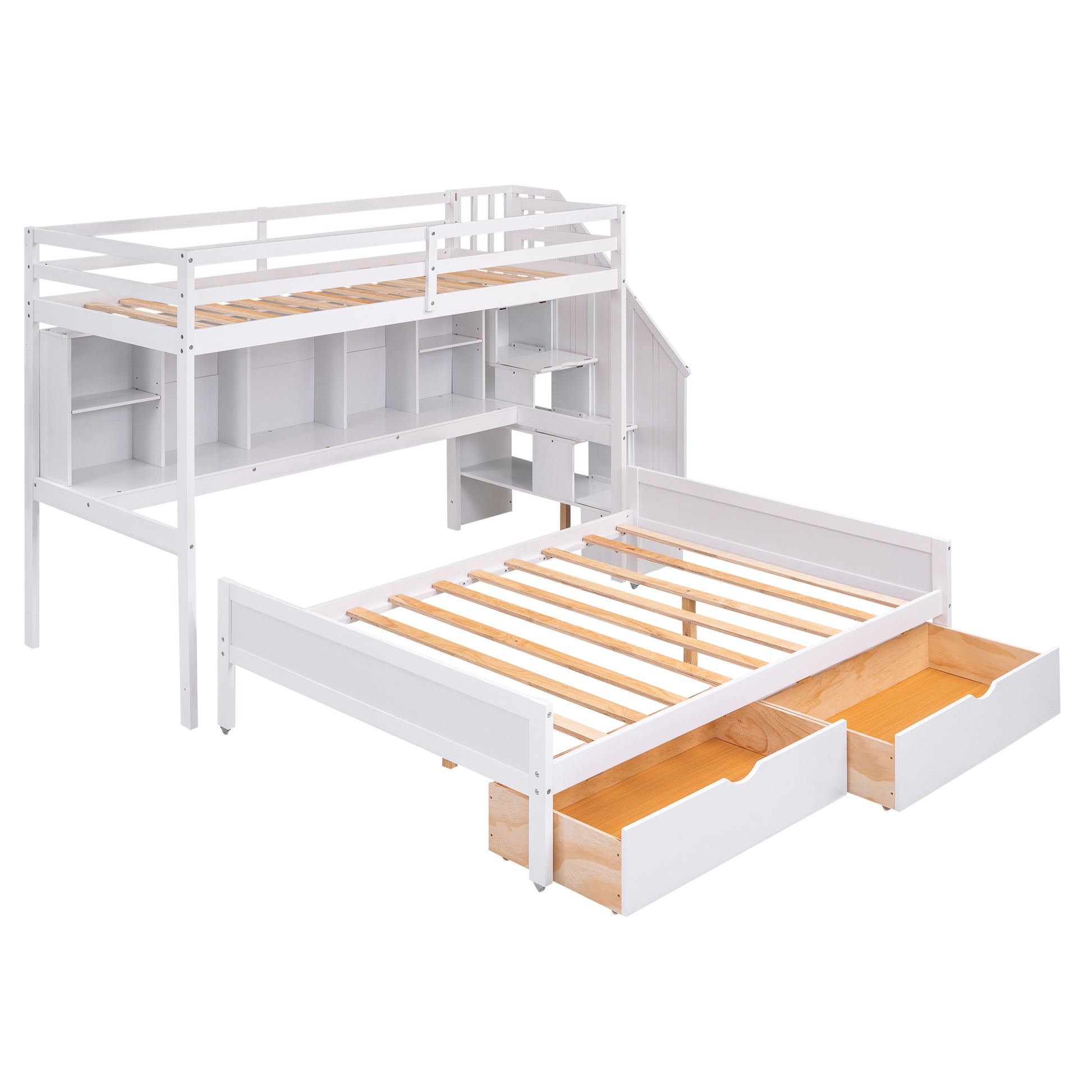 Twin Xl Over Full Bunk Bed With Built In Storage Shelves, Drawers And Staircase,White Twin Xl White Pine