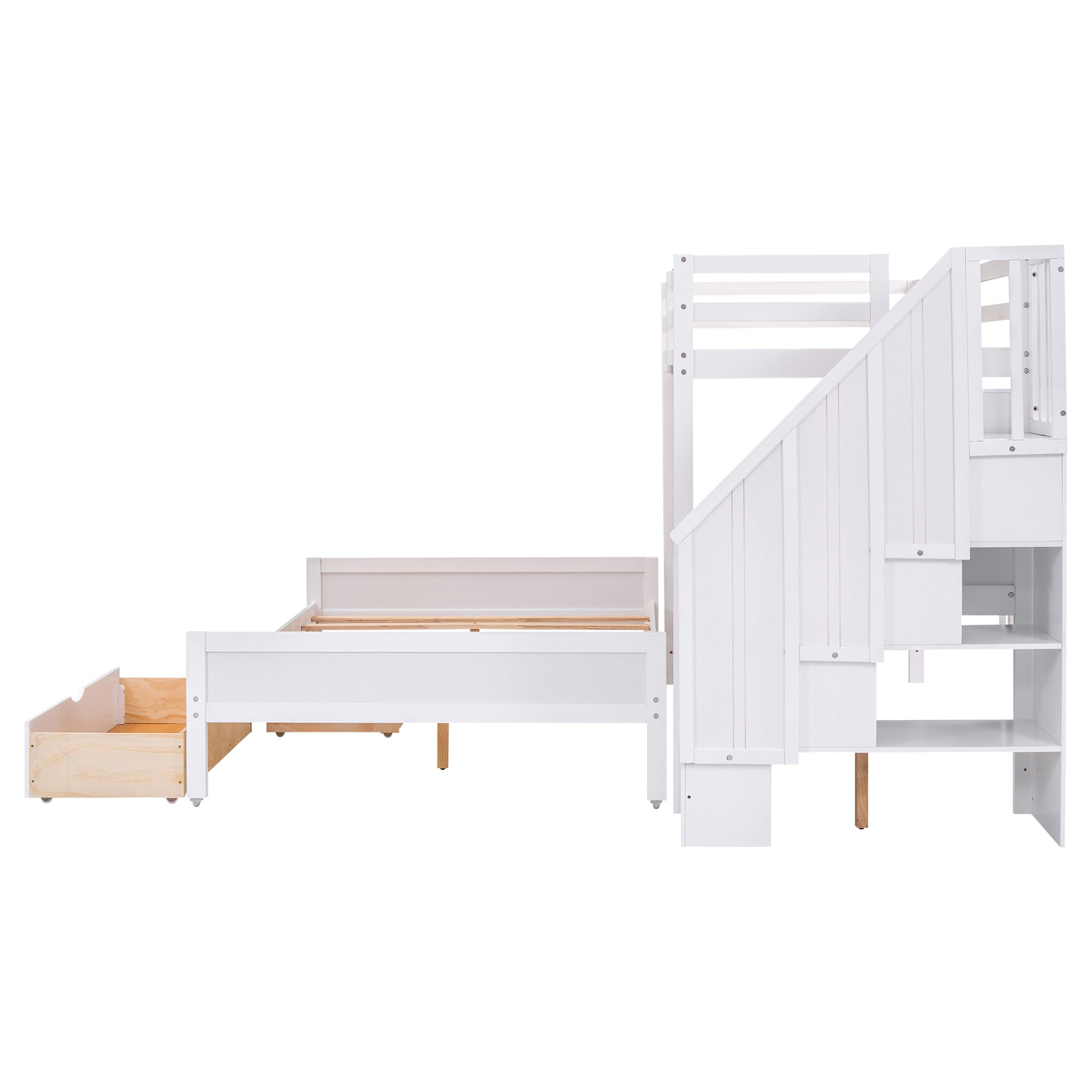 Twin Xl Over Full Bunk Bed With Built In Storage Shelves, Drawers And Staircase,White Twin Xl White Pine