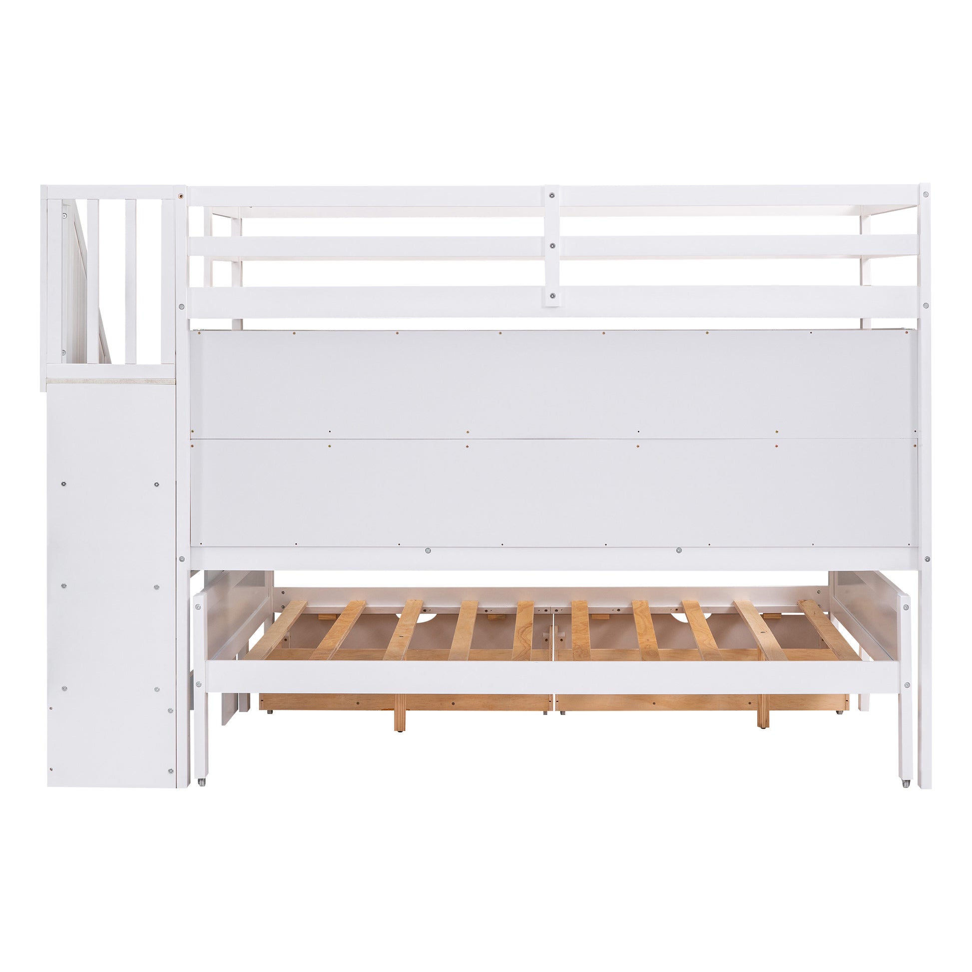 Twin Xl Over Full Bunk Bed With Built In Storage Shelves, Drawers And Staircase,White Twin Xl White Pine