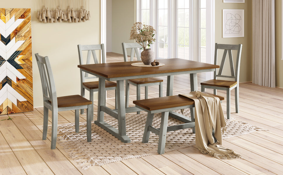 6 Piece Wood Dining Table Set Kitchen Table Set With Long Bench And 4 Dining Chairs, Farmhouse Style, Walnut Gray Gray Wood Dining Room Bench Seating Rubberwood Rectangular Dining Table With Chair And Bench Wood Wood Gray Solid Back Seats 6 60 Inches