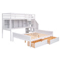 Twin Xl Over Full Bunk Bed With Built In Storage Shelves, Drawers And Staircase,White Twin Xl White Pine