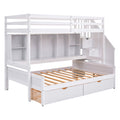 Twin Xl Over Full Bunk Bed With Built In Storage Shelves, Drawers And Staircase,White Twin Xl White Pine