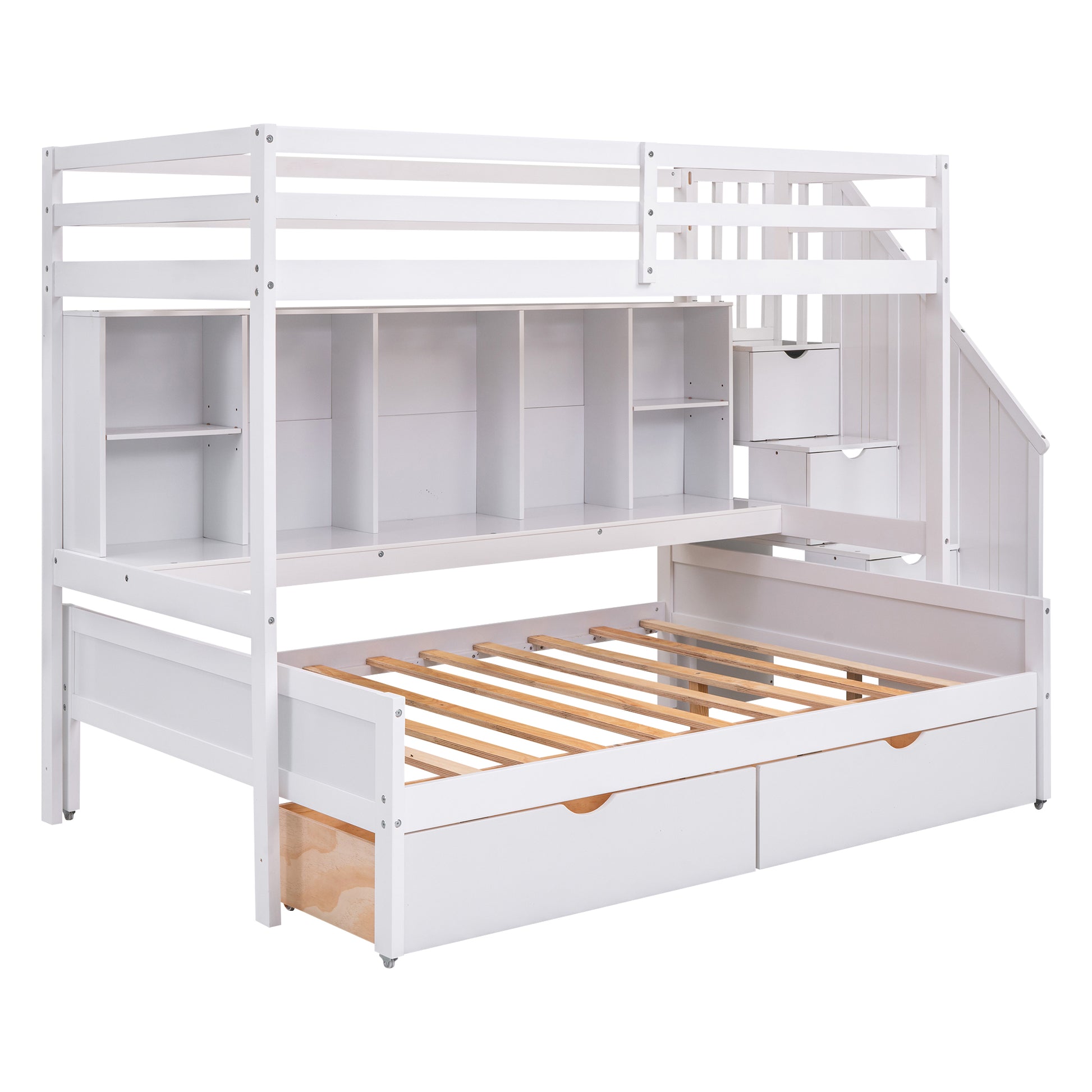 Twin Xl Over Full Bunk Bed With Built In Storage Shelves, Drawers And Staircase,White Twin Xl White Pine