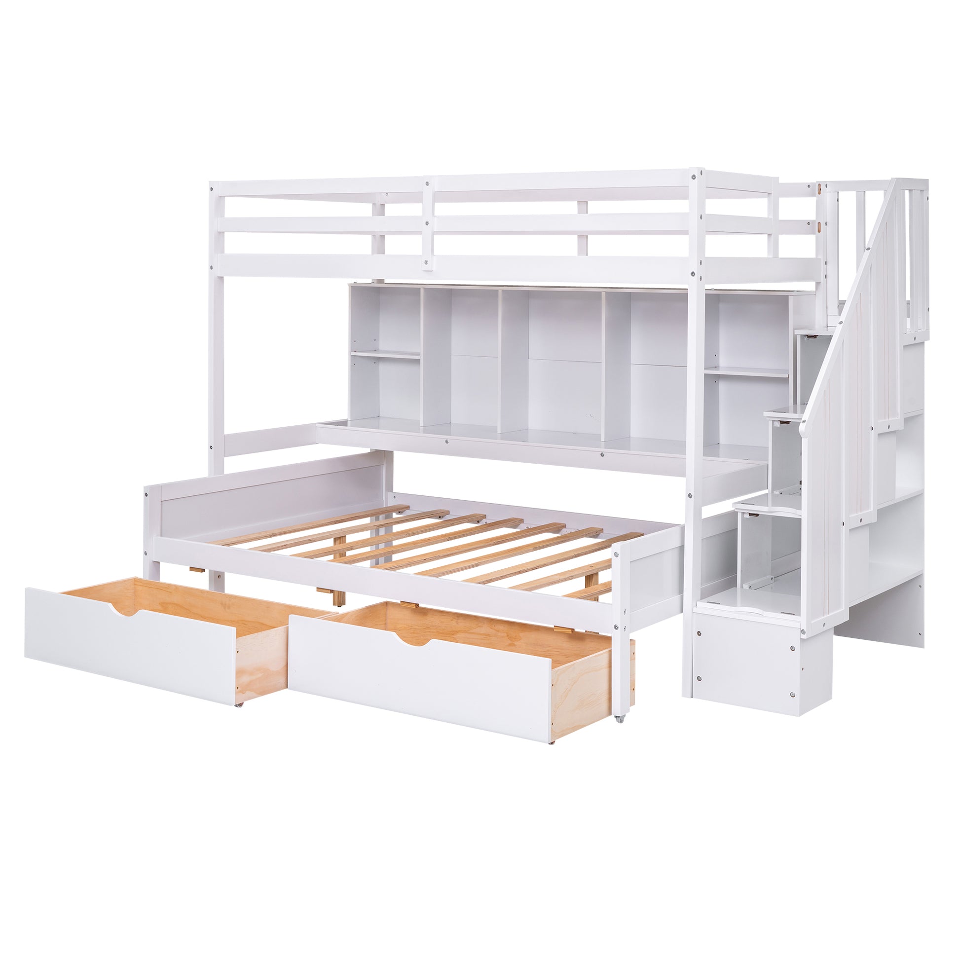 Twin Xl Over Full Bunk Bed With Built In Storage Shelves, Drawers And Staircase,White Twin Xl White Pine