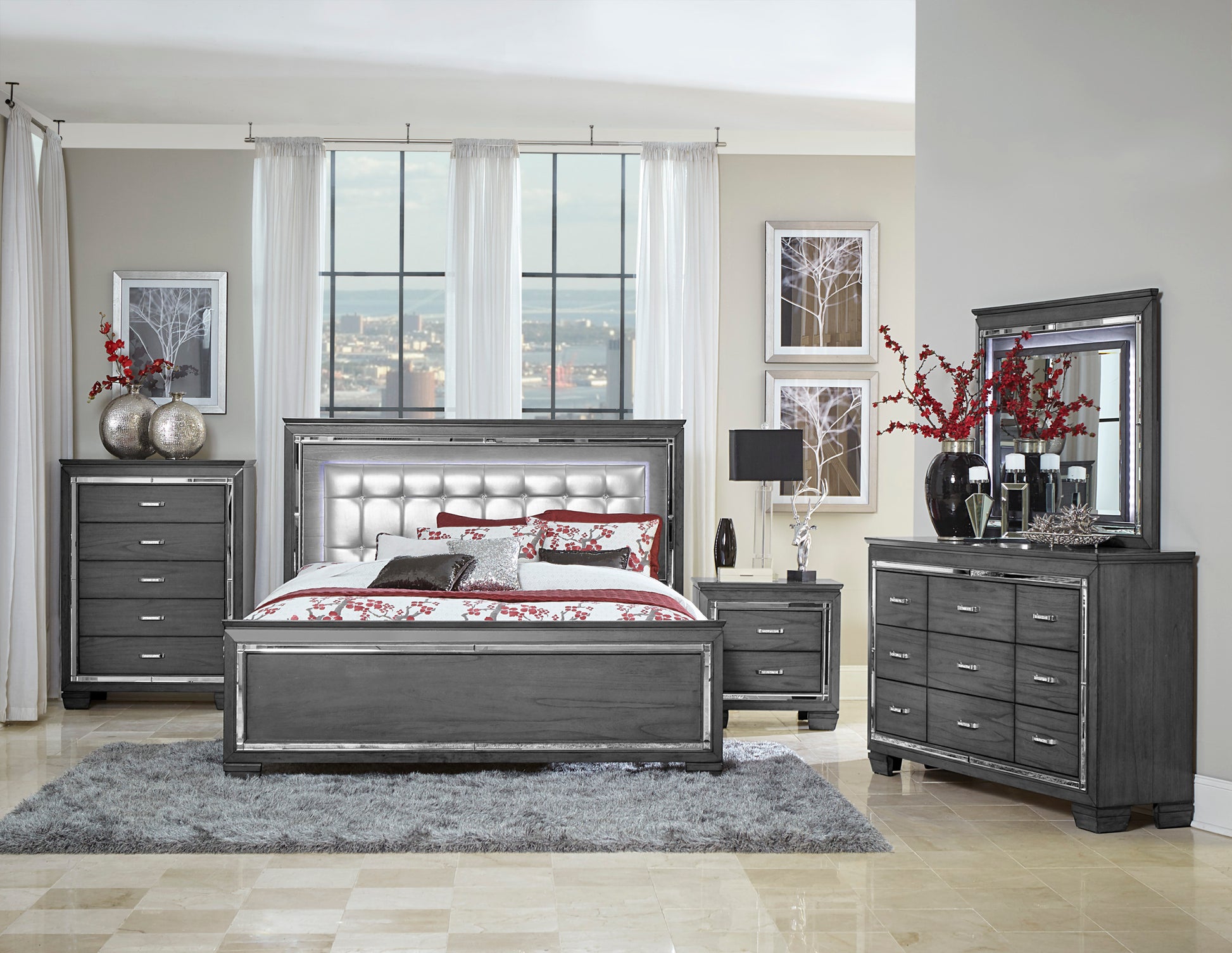 Modern Glam Bedroom Furniture 1Pc Dresser Of 9 Drawers Gray Finish Beveled Mirror Trim Faux Crystal Drawers Pulls Gray Bedroom Contemporary,Glam,Modern Wood