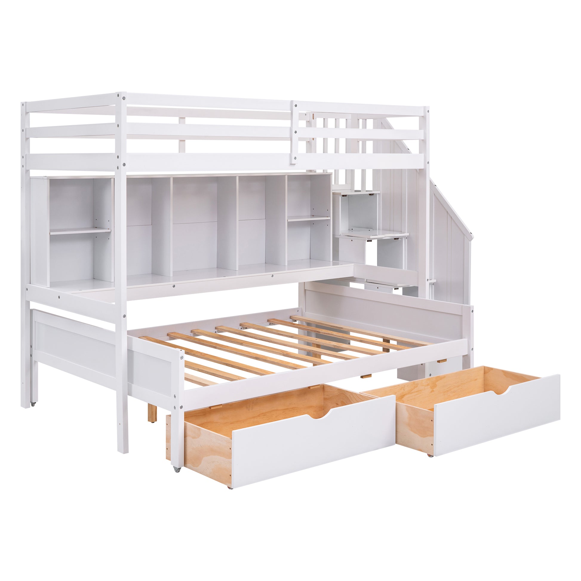 Twin Xl Over Full Bunk Bed With Built In Storage Shelves, Drawers And Staircase,White Twin Xl White Pine