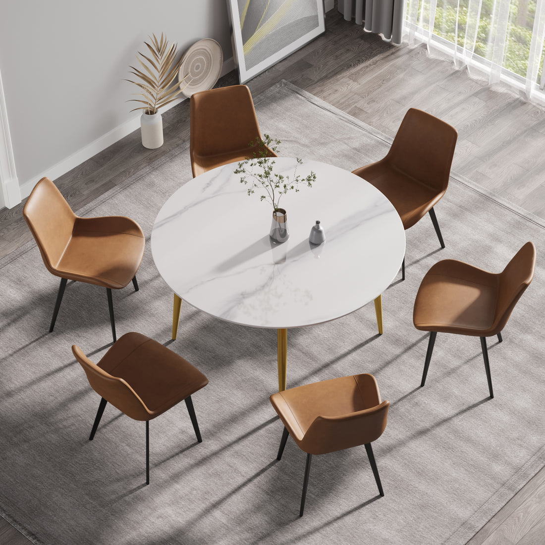 53.15"Modern Man Made Stone Round Golden Metal Dining Table Position For 6 People White Metal Sintered Stone