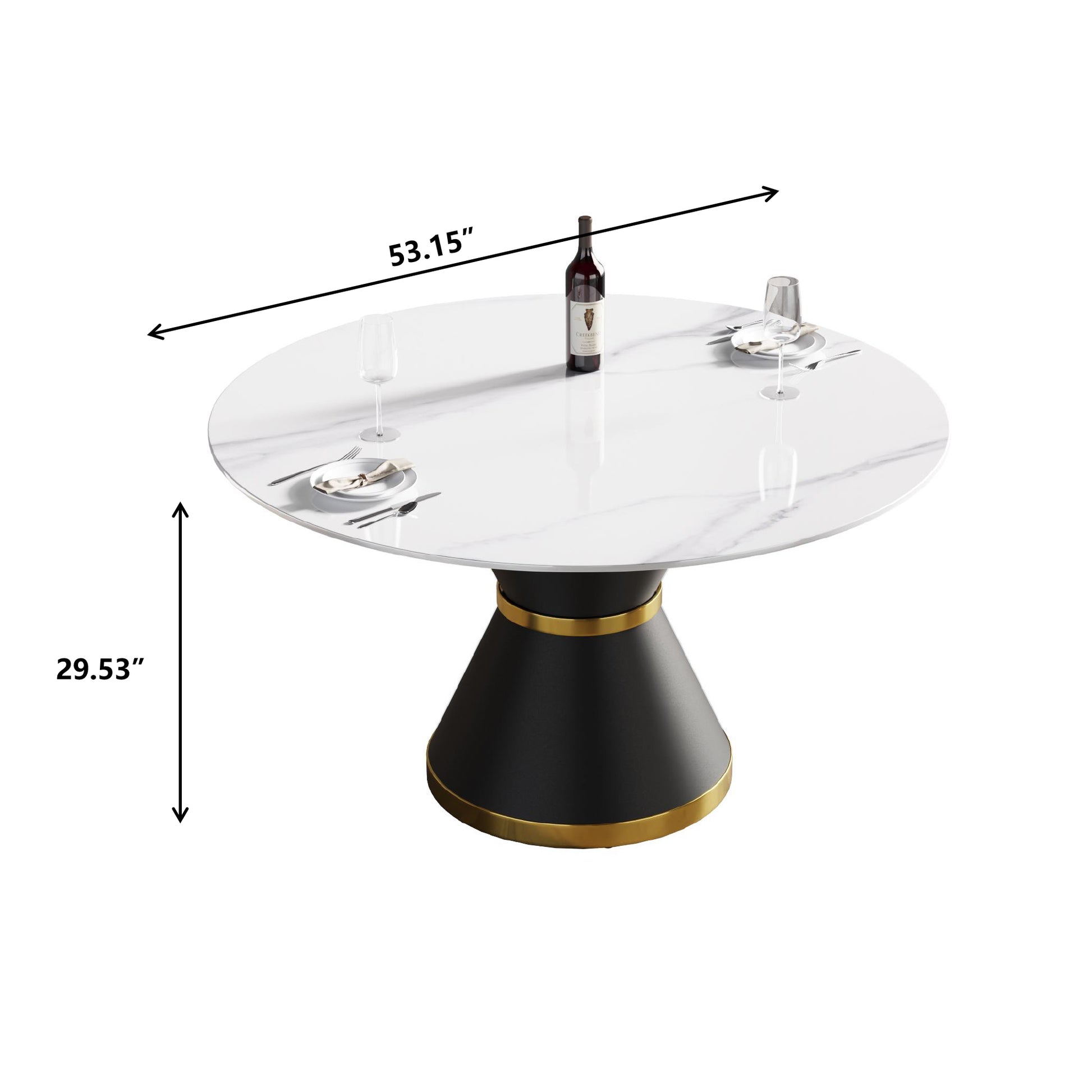 53.15"Modern Artificial Stone Round Black Carbon Steel Base Dining Table Can Accommodate 6 People White Metal Sintered Stone