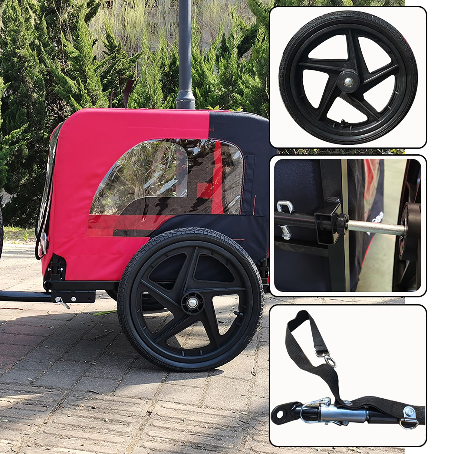 Bicycle Trailer For Pets Outdoor Foldable Red Color Dog Trailer With Reflectors And Safty Flag Red Oxford Fabric Steel
