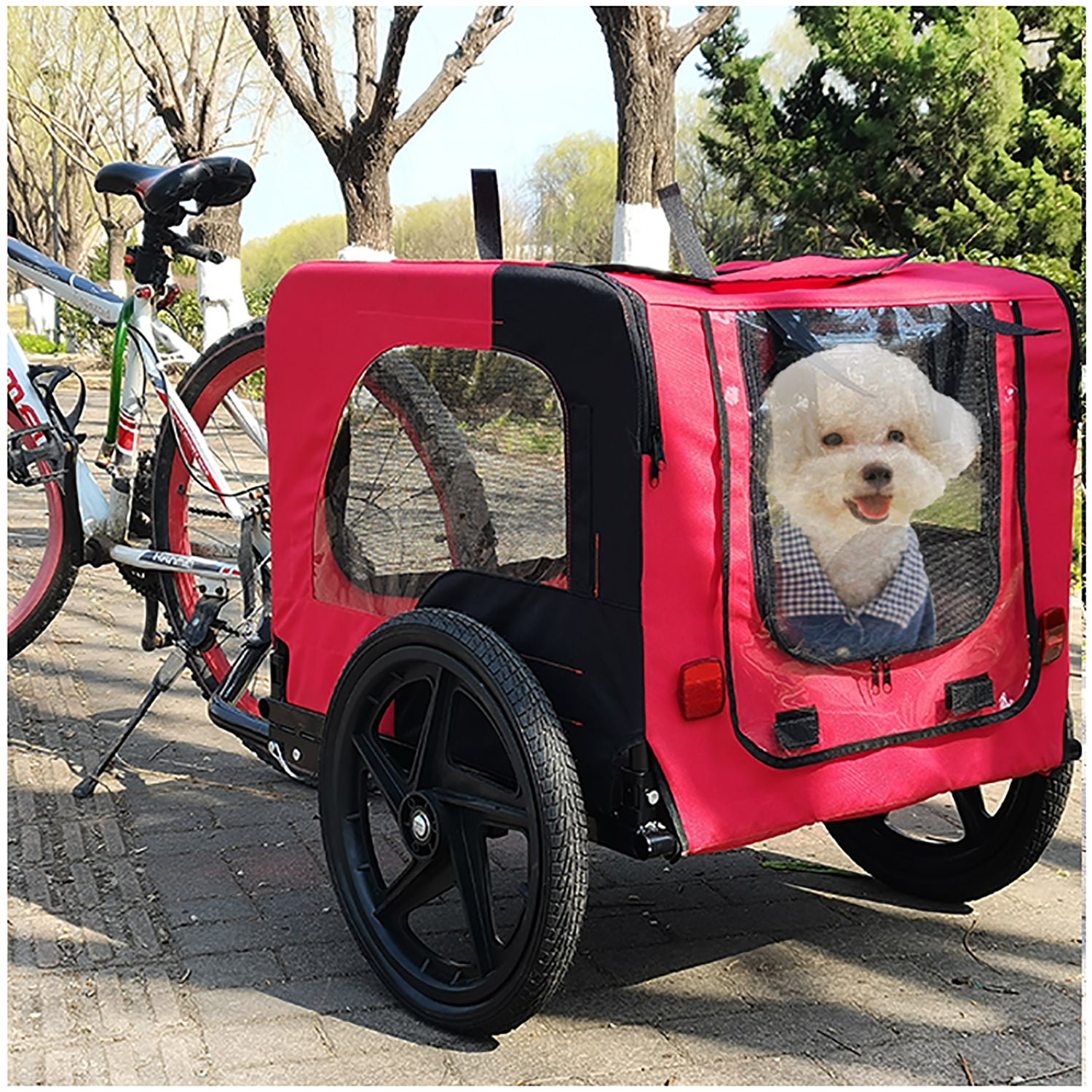 Bicycle Trailer For Pets Outdoor Foldable Red Color Dog Trailer With Reflectors And Safty Flag Red Oxford Fabric Steel