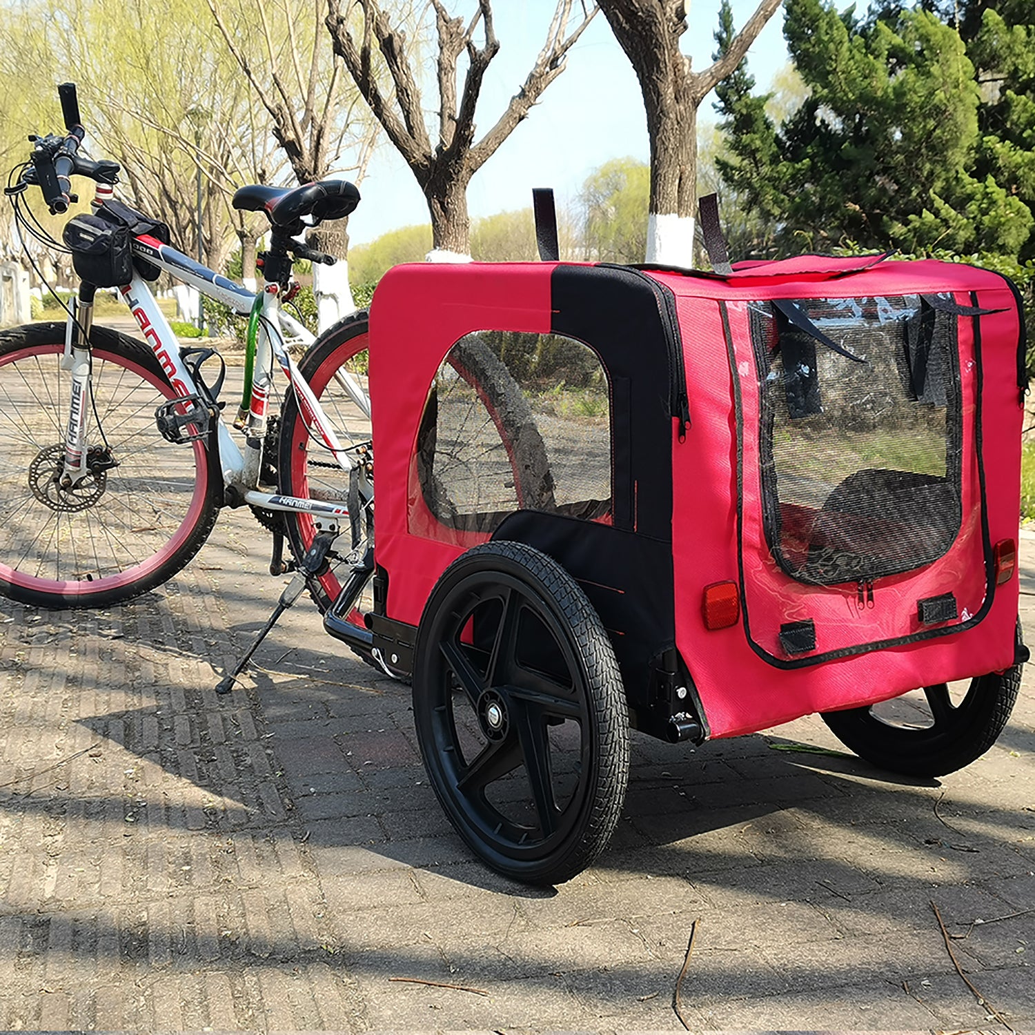 Bicycle Trailer For Pets Outdoor Foldable Red Color Dog Trailer With Reflectors And Safty Flag Red Oxford Fabric Steel