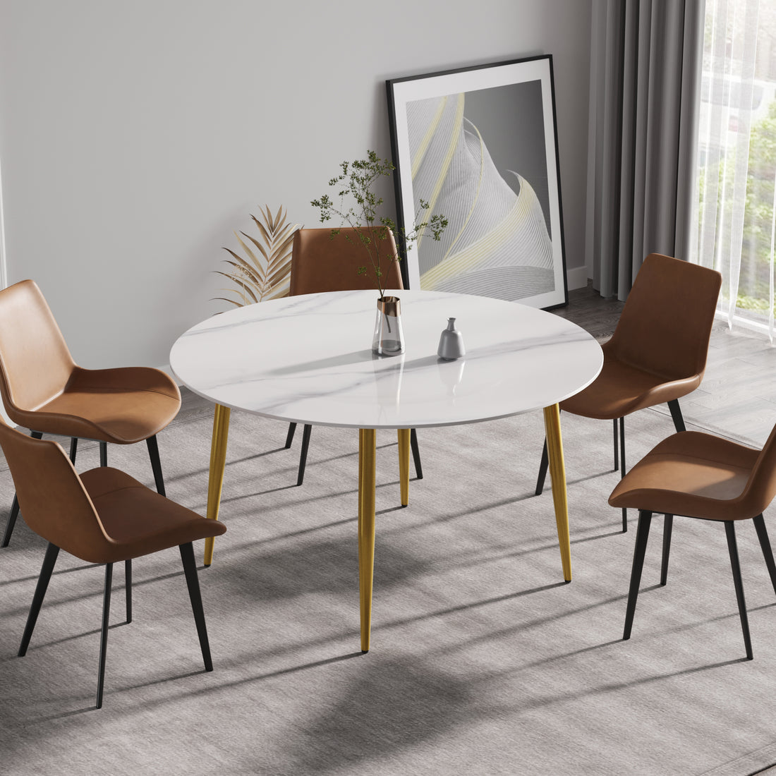 53.15"Modern Man Made Stone Round Golden Metal Dining Table Position For 6 People White Metal Sintered Stone