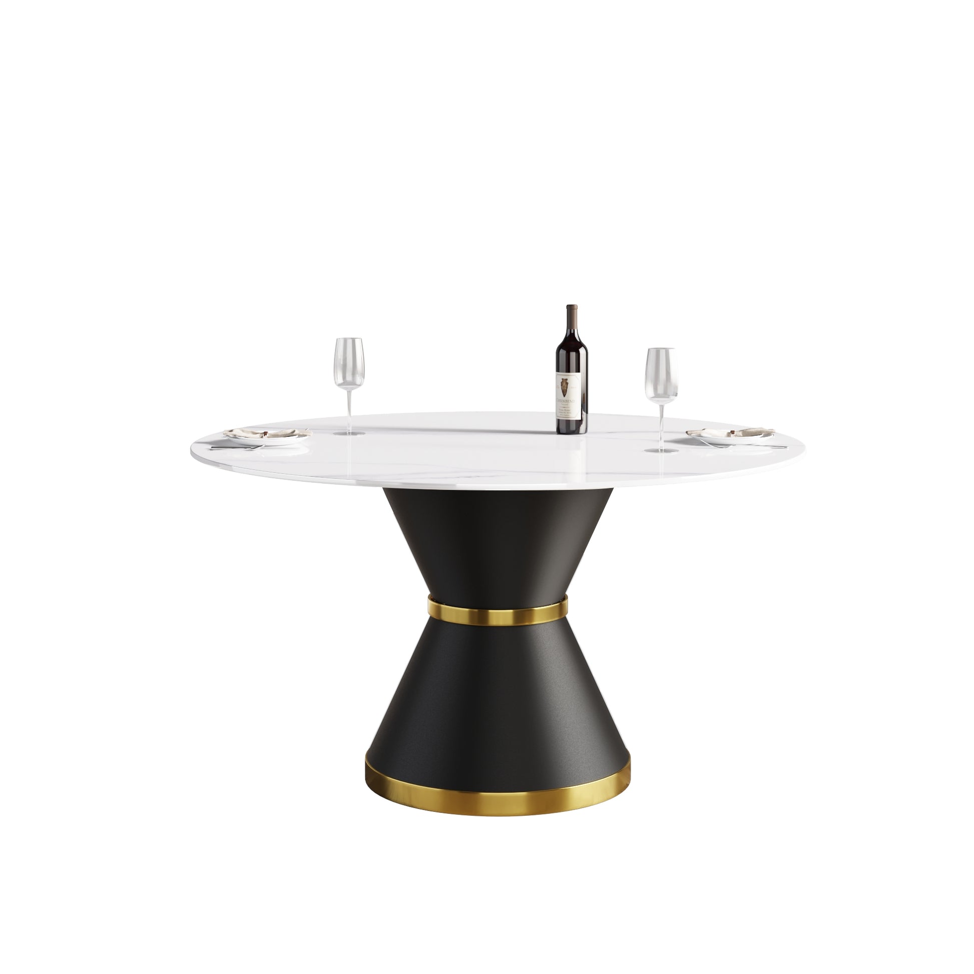 53.15"Modern Artificial Stone Round Black Carbon Steel Base Dining Table Can Accommodate 6 People White Metal Sintered Stone