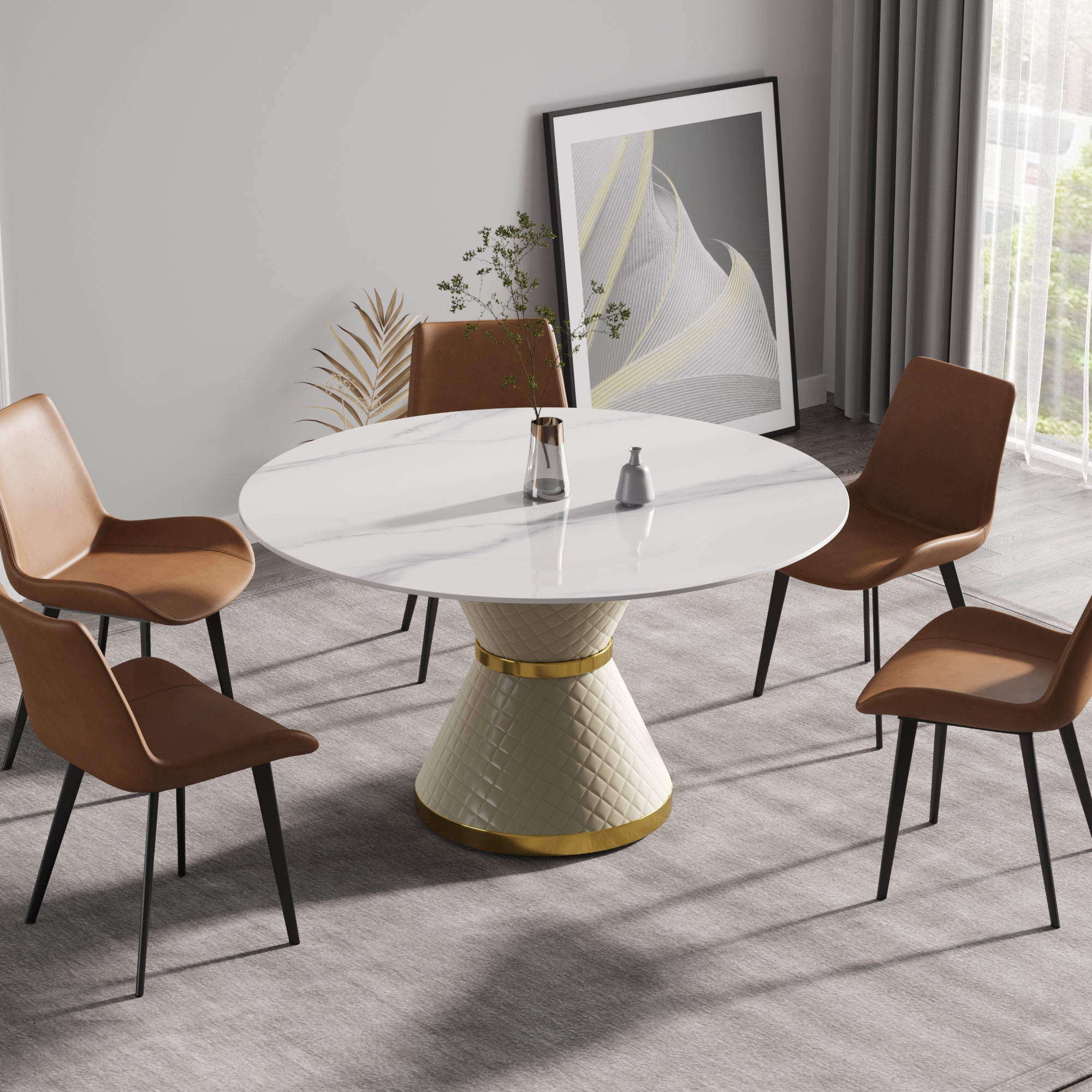 53.15"Modern Artificial Stone Round White Carbon Steel Base Dining Table Can Accommodate 6 People White Metal Sintered Stone