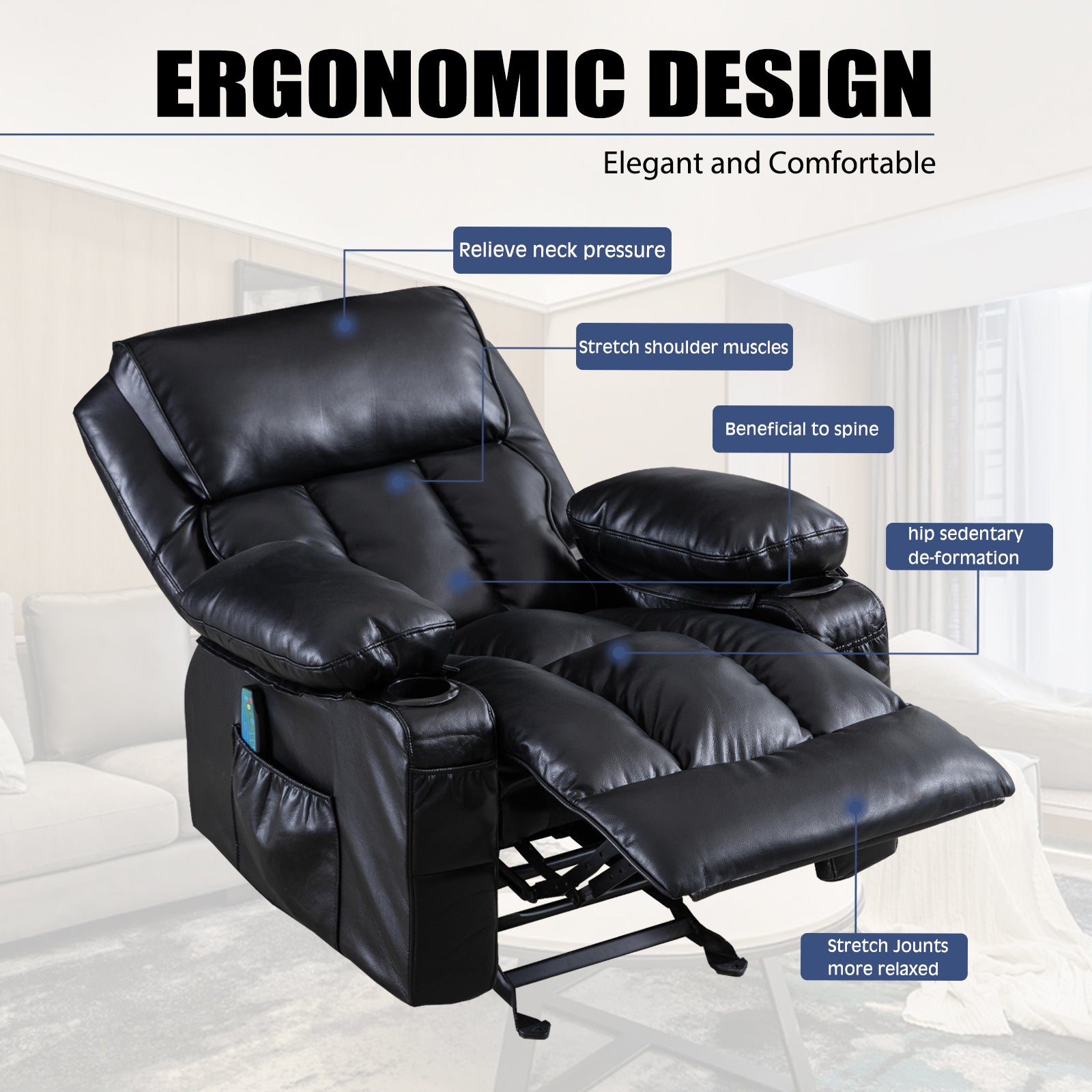 Recliner Chair For Living Room With Rocking Function And Side Pocket Black Soft Foam Polyester