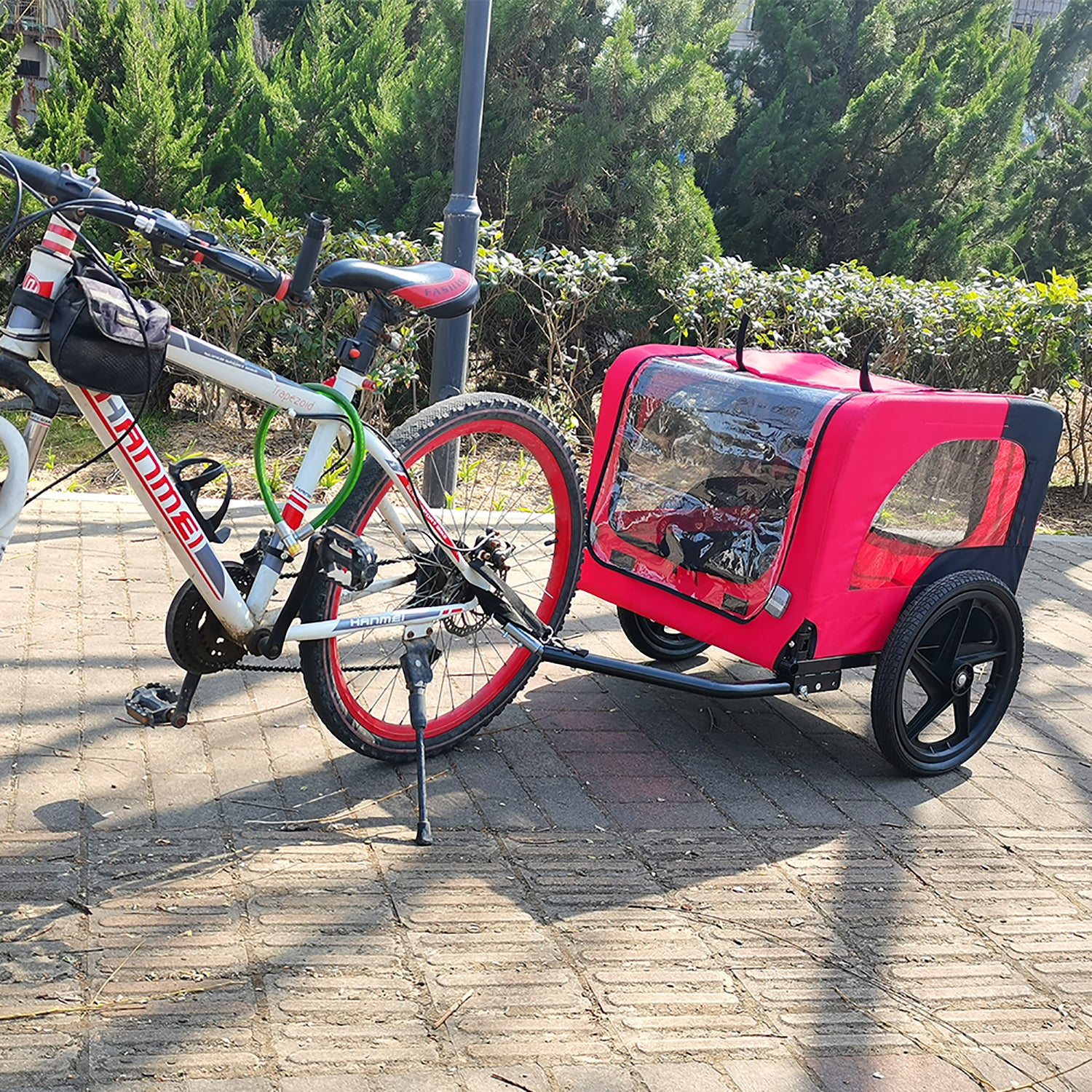 Bicycle Trailer For Pets Outdoor Foldable Red Color Dog Trailer With Reflectors And Safty Flag Red Oxford Fabric Steel