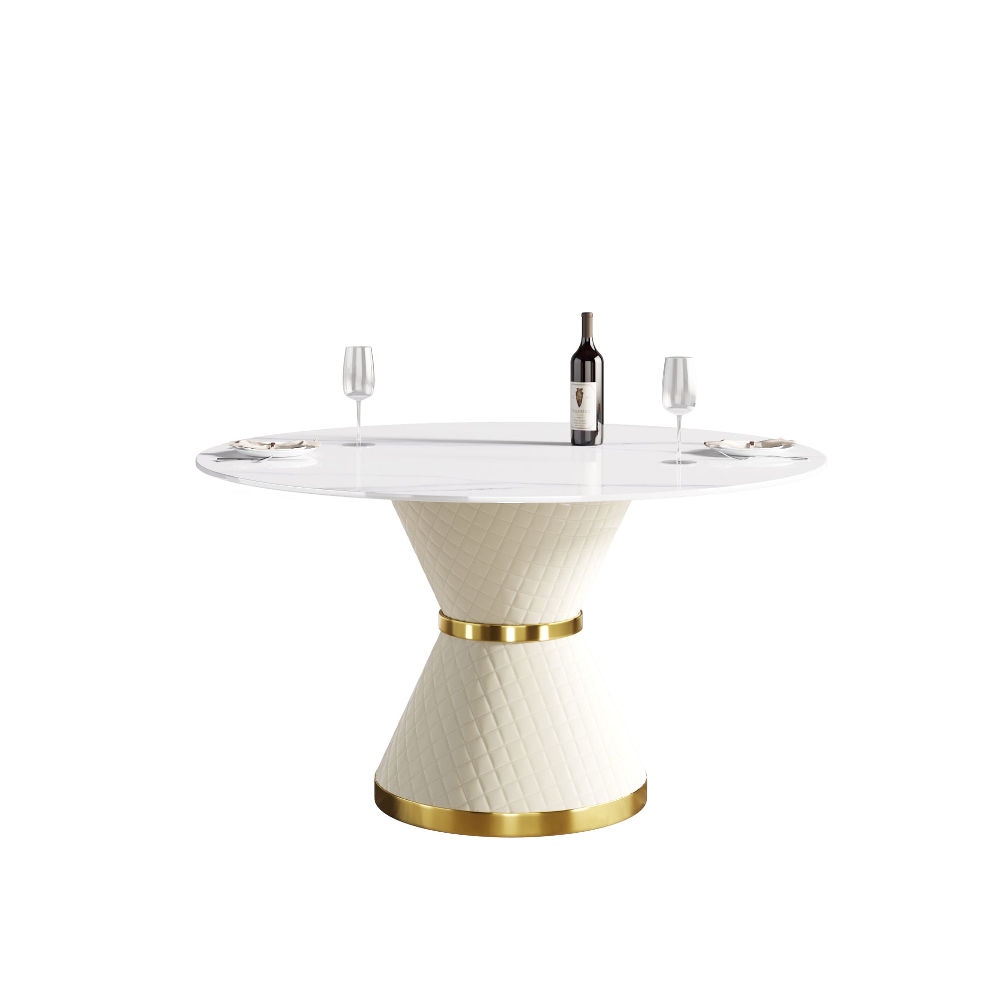 53.15"Modern Artificial Stone Round White Carbon Steel Base Dining Table Can Accommodate 6 People White Metal Sintered Stone