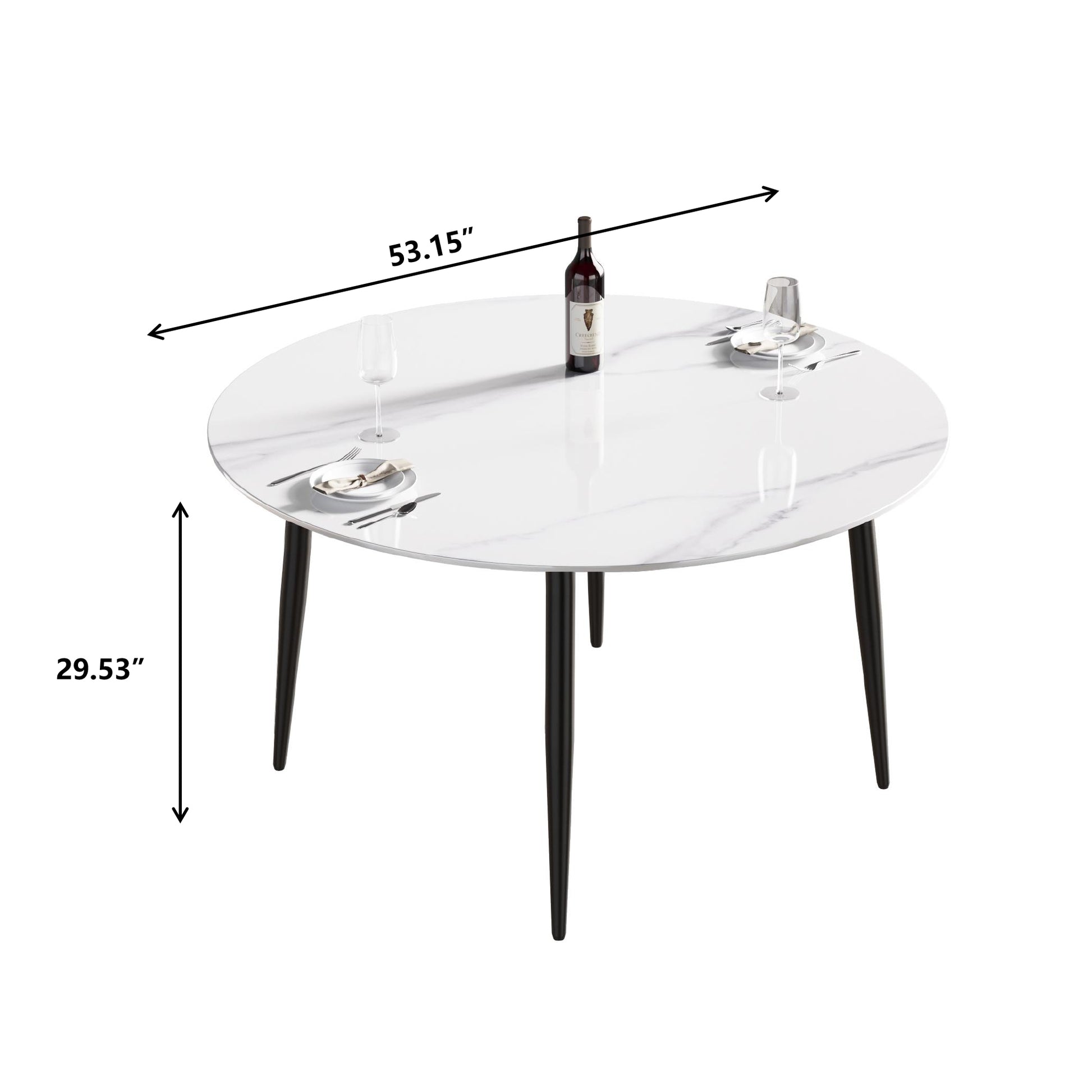 53.15"Modern Man Made Stone Round Black Metal Dining Table Position For 6 People White Metal Sintered Stone