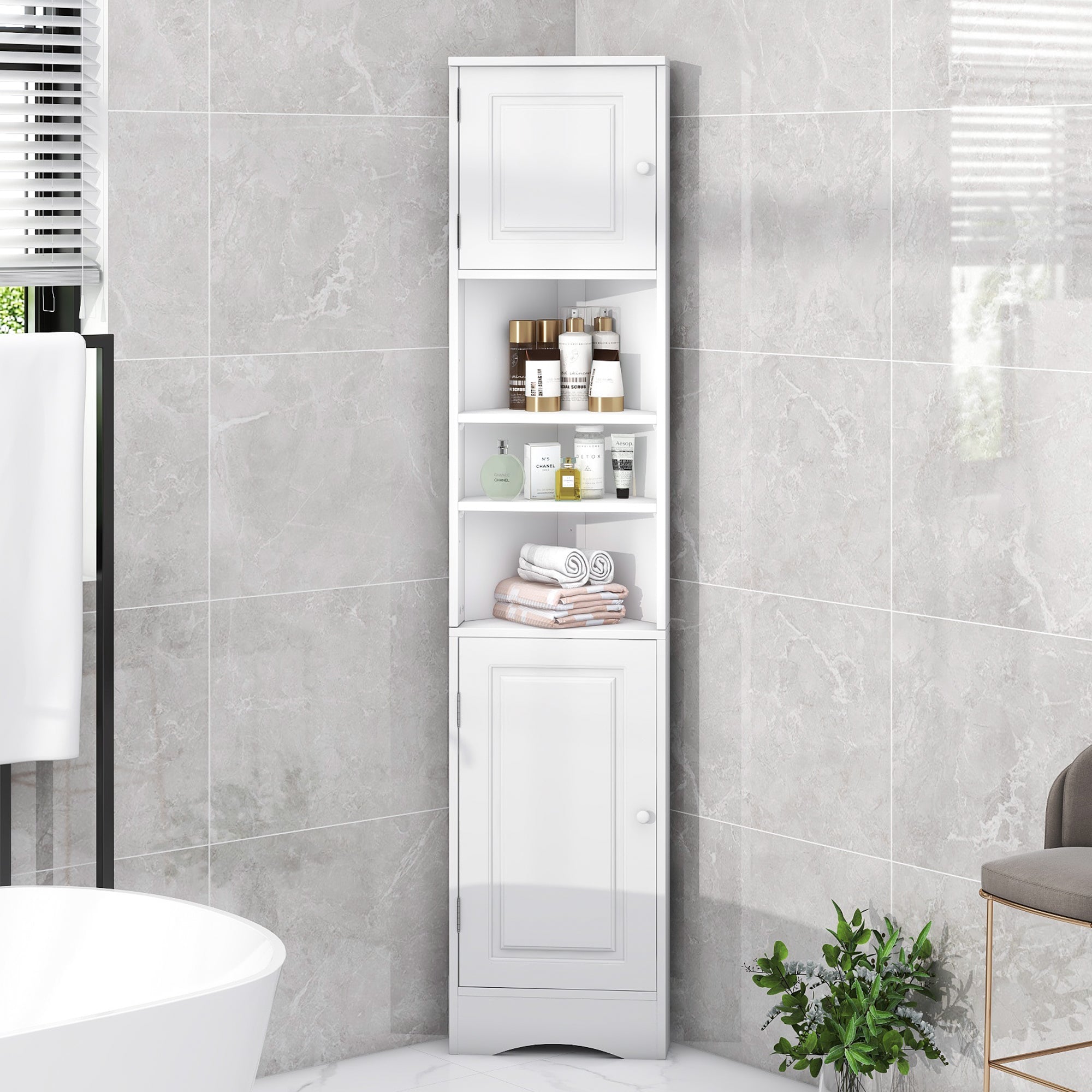 Multi Functional Corner Cabinet Tall Bathroom Storage Cabinet With Two Doors And Adjustable Shelves, Open Shelf, White Old Sku:Wf294602Aak White Mdf