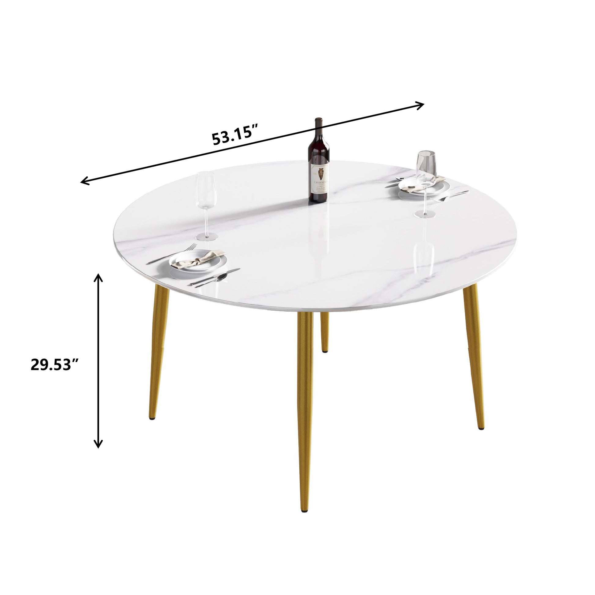 53.15"Modern Man Made Stone Round Golden Metal Dining Table Position For 6 People White Metal Sintered Stone