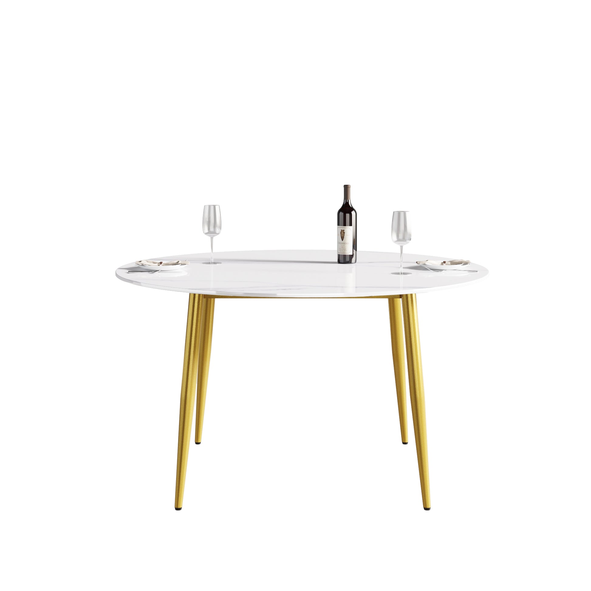 53.15"Modern Man Made Stone Round Golden Metal Dining Table Position For 6 People White Metal Sintered Stone