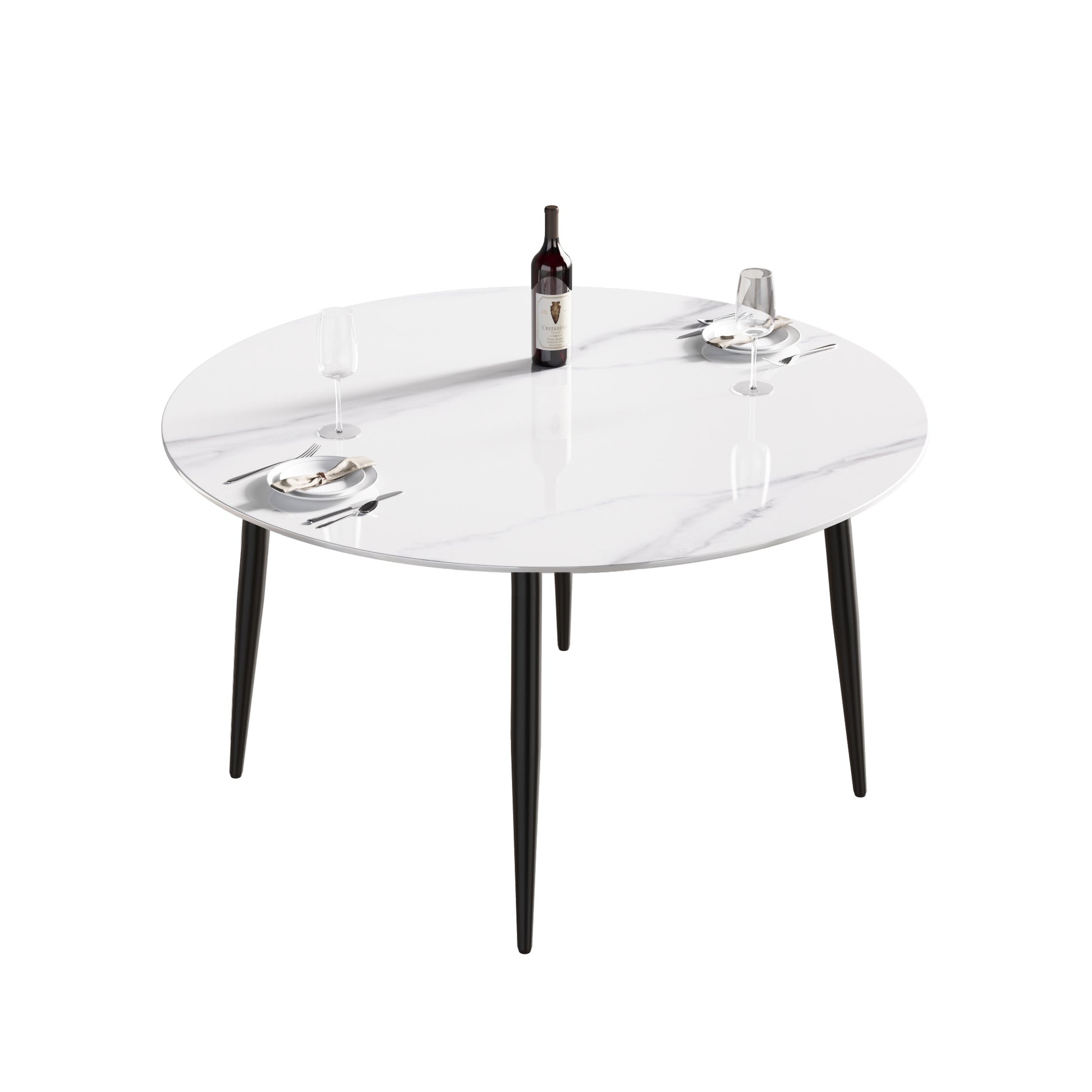 53.15"Modern Man Made Stone Round Black Metal Dining Table Position For 6 People White Metal Sintered Stone