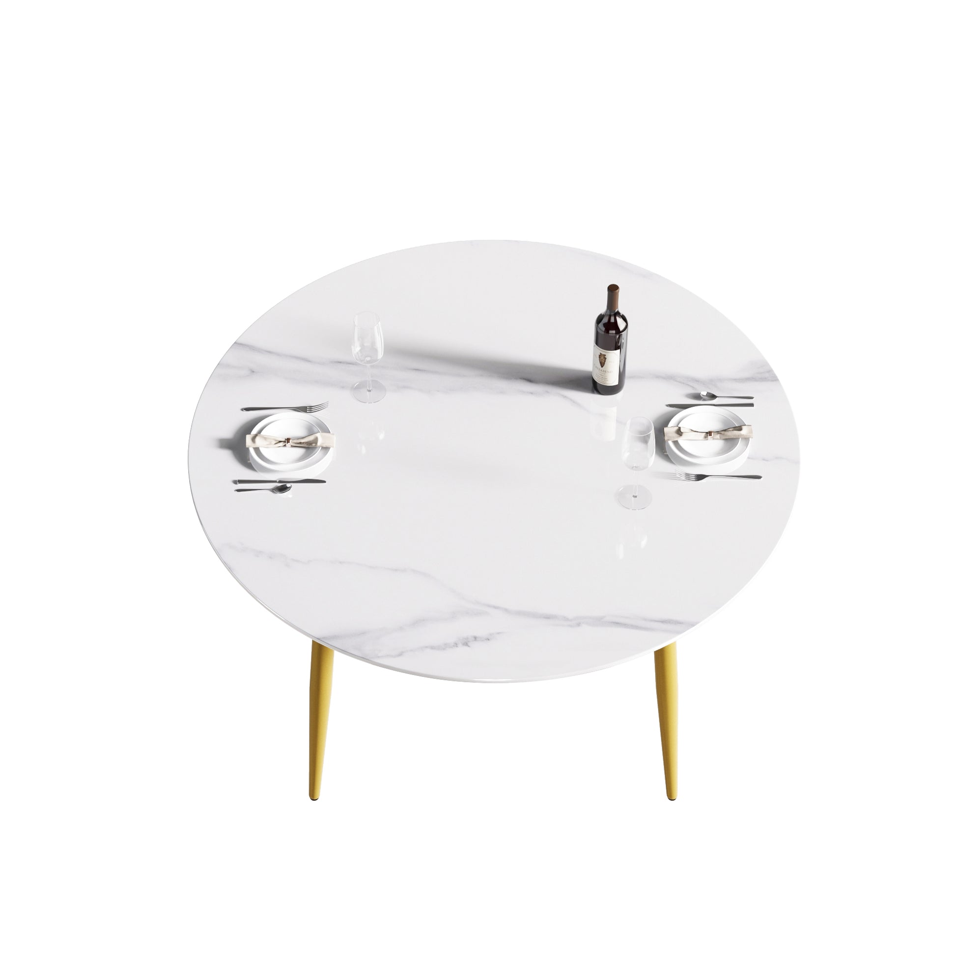 53.15"Modern Man Made Stone Round Golden Metal Dining Table Position For 6 People White Metal Sintered Stone