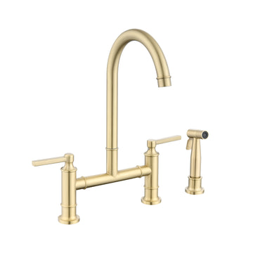 Double Handle Bridge Kitchen Faucet With Side Spray Brushed Gold Stainless Steel