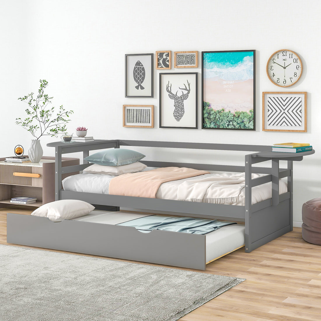 Twin Size Daybed With Trundle And Foldable Shelves On Both Sides,Gray Gray Pine